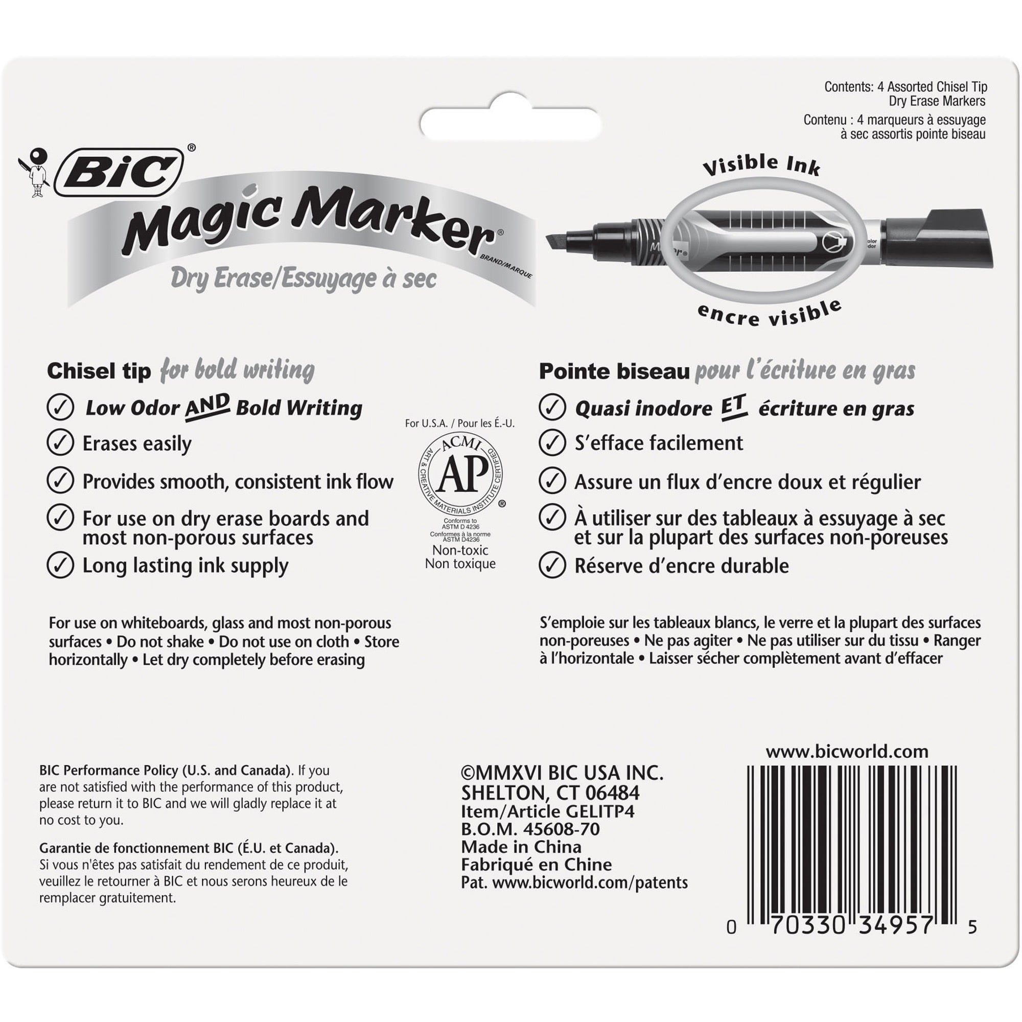 BIC, Chisel Tip Dry Erase Magic Markers, 4 / Set