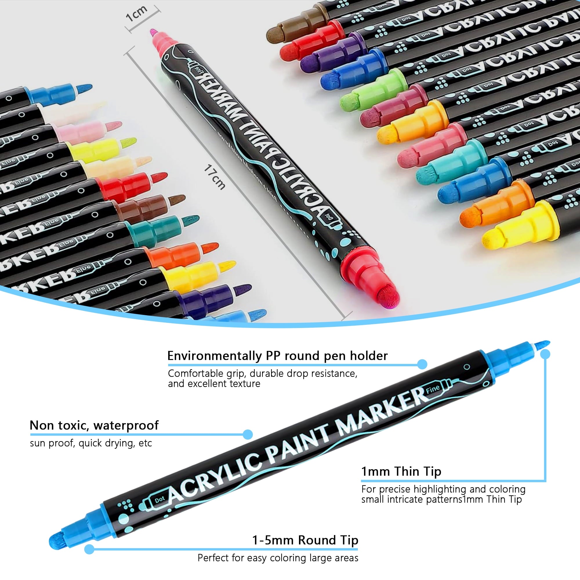 Acrylic Paint Pens, BUSATIA 12 Colors Dual Tip Paint Markers, Acrylic Paint Markers for Rock Painting, Wood, Canvas, Stone, Ceramic Surfaces, DIY Crafts Making Art Supplies-Round Tip and Fine Tip