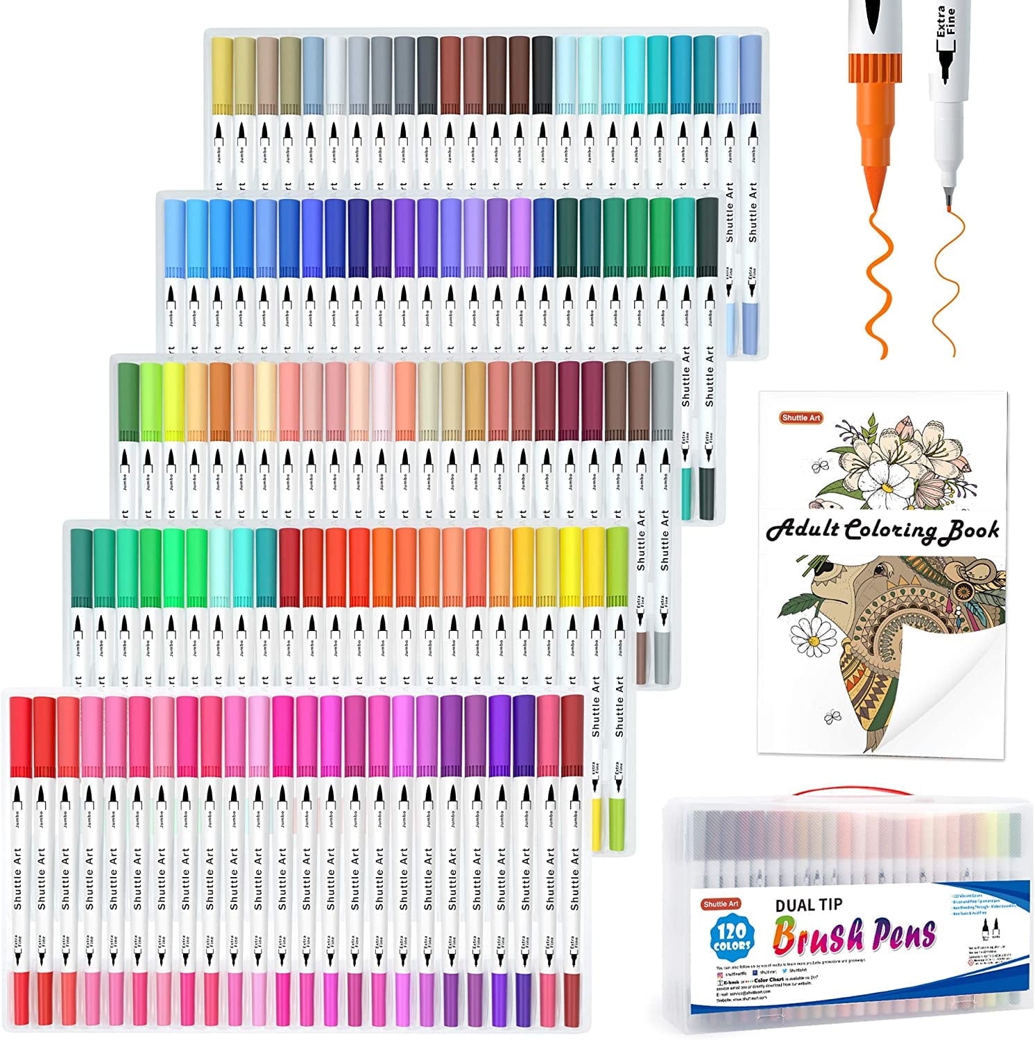 120 Colors Dual Tip Brush Art Marker Pens with 1 Coloring Book, Shuttle Art Fineliner and Brush Dual Tip Markers Set for Adult Artist Calligraphy Hand Lettering Doodling