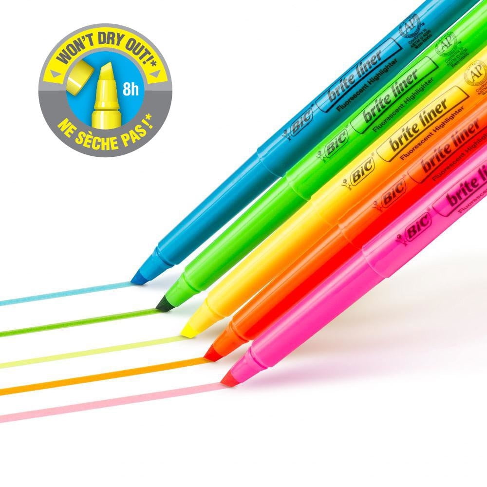 BIC Brite Liner Highlighters, Assorted Fluorescent Colors, 5 + 1 Pack of Highlighters