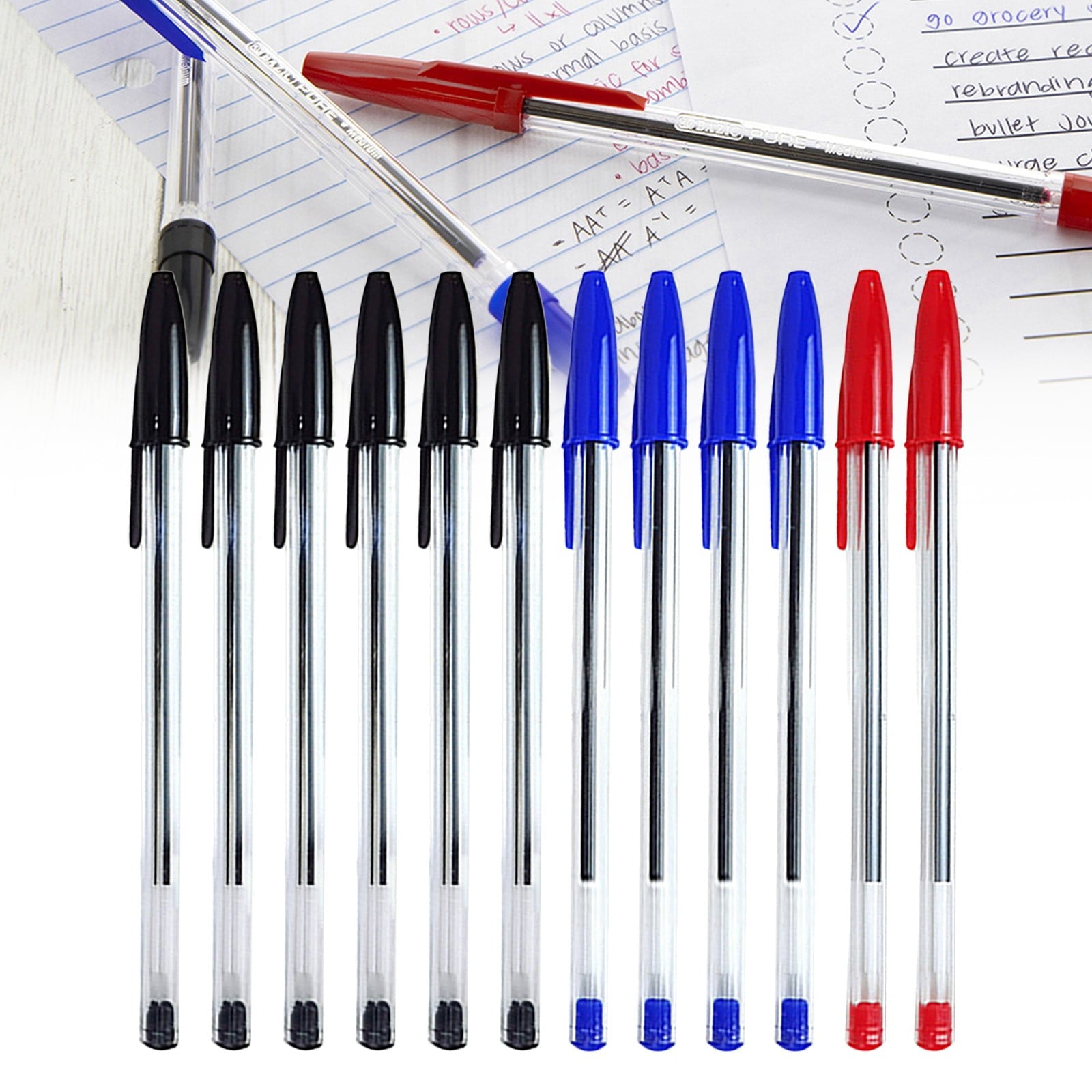 12-Pack Ballpoint Pens Red, Black & Blue Ink (1ml)Tri-Color Ballpoint Pens Set Multi-Color Pens,Smooth Writing Point Pens Convenient Multi-Color Pens Journaling Fine Point Pens for Home(Clear)