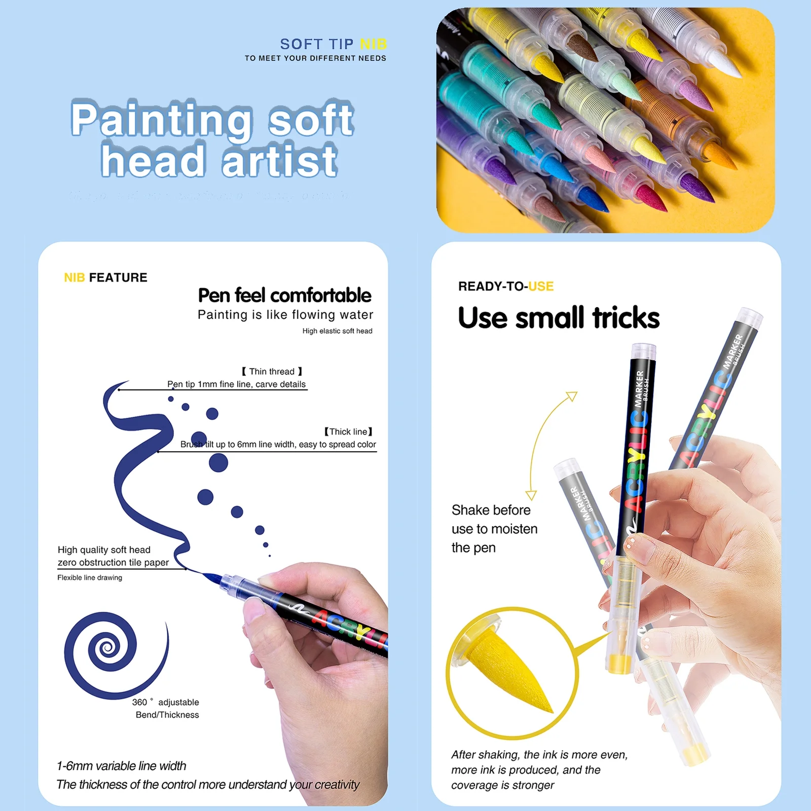 24 Colors Acrylic Paint Markers,Direct Liquid Soft Brush Tip Paint Pens and Paint Markers,Acrylic Paint Pens for Wood,Stone,Canvas,Glass,Fabric,Egg,Rock Painting and DIY Crafts Art Supplies