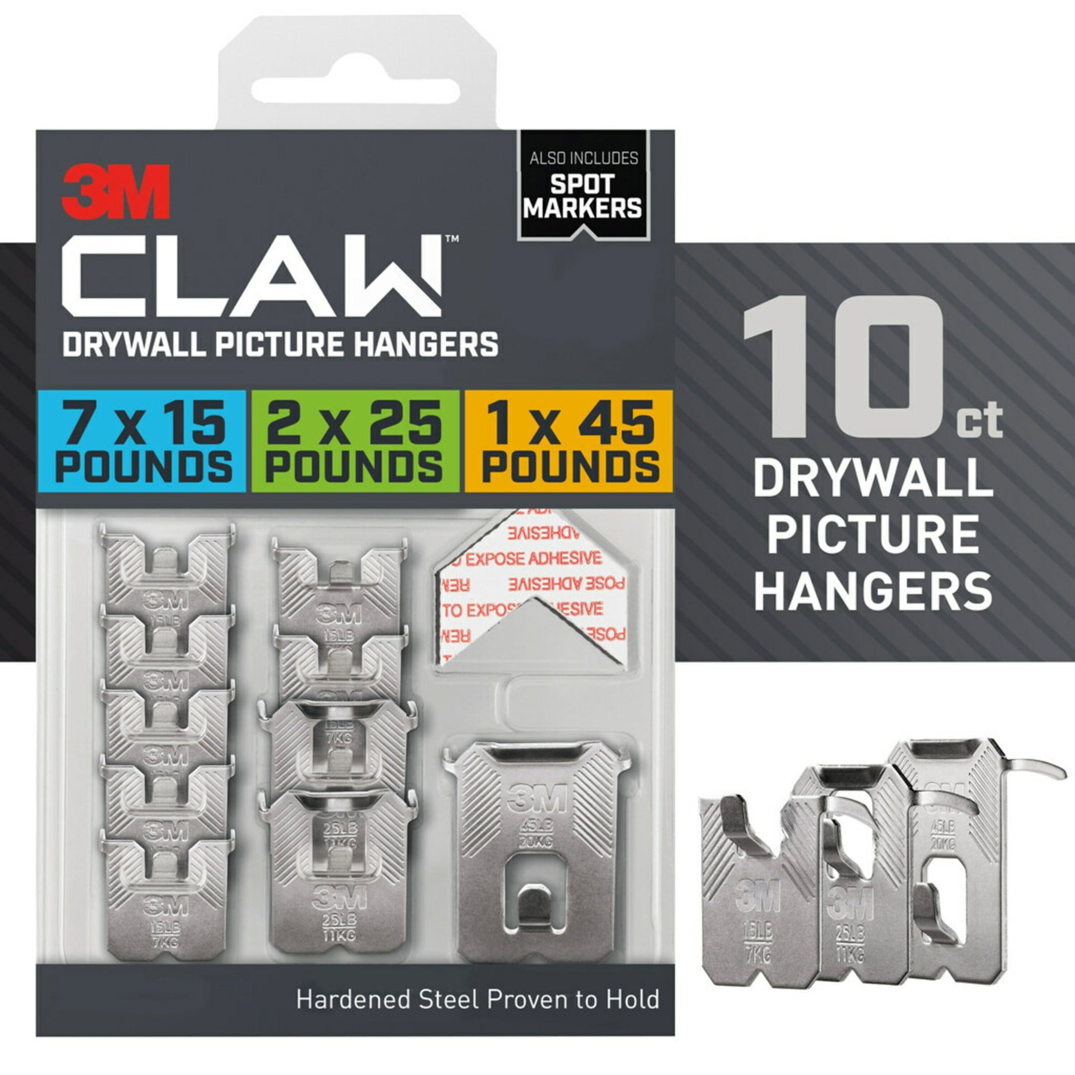 3M CLAW Drywall Picture Hanger Kit, Variety Pack with Spot Markers, Holds Up To 45 lbs