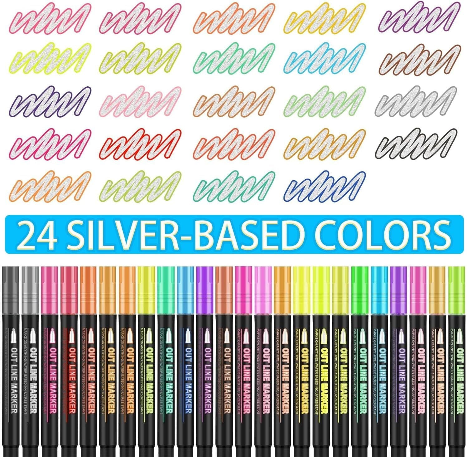 24 Colors Double Line Outline Markers ,SFBOSF Super Squiggles Glitter Markers Self Outline Metallic Markers, Doodle Shimmer Markers