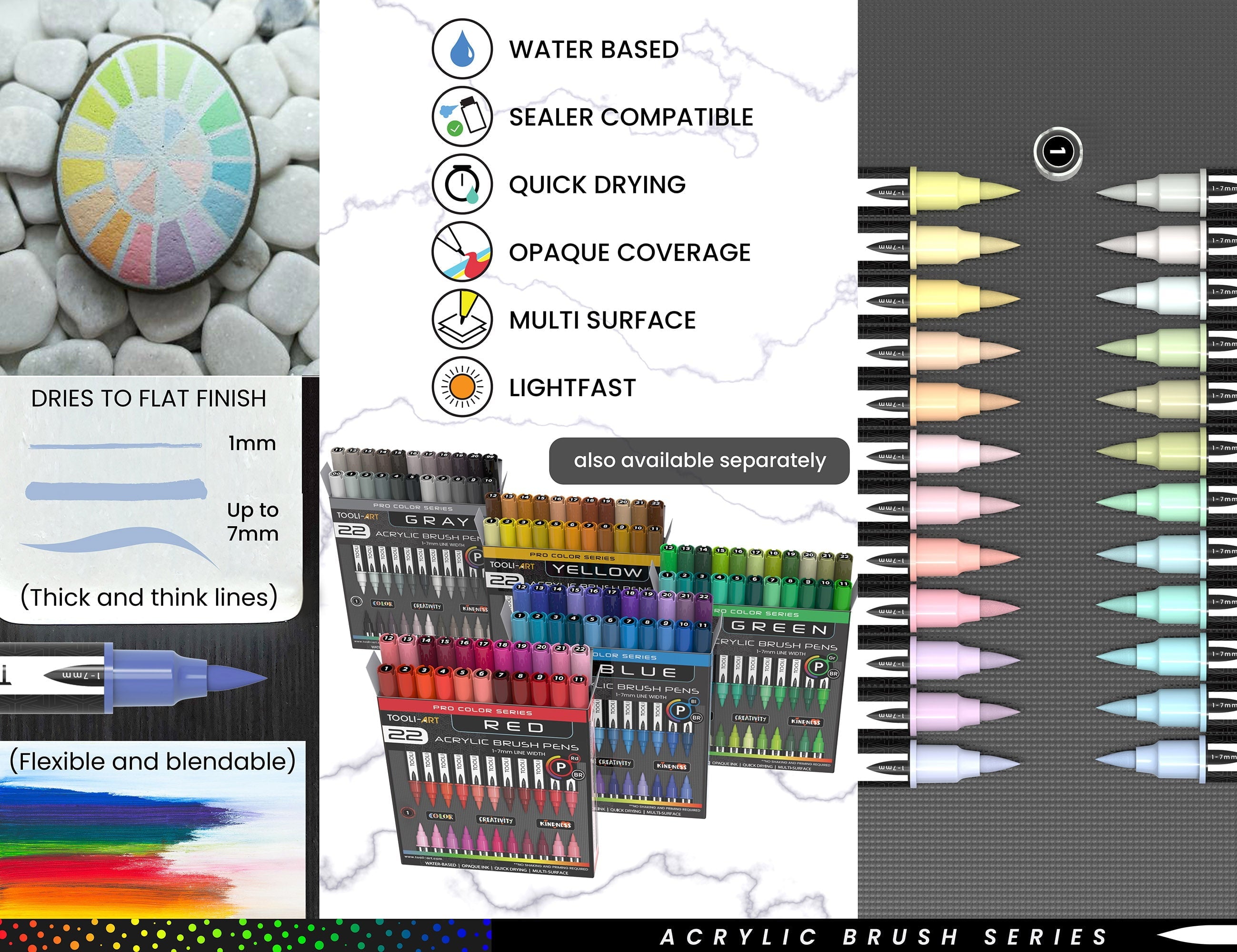 24 Flexible Brush Tip Acrylic Paint Pens Markers Set 1-7mm(PASTEL)