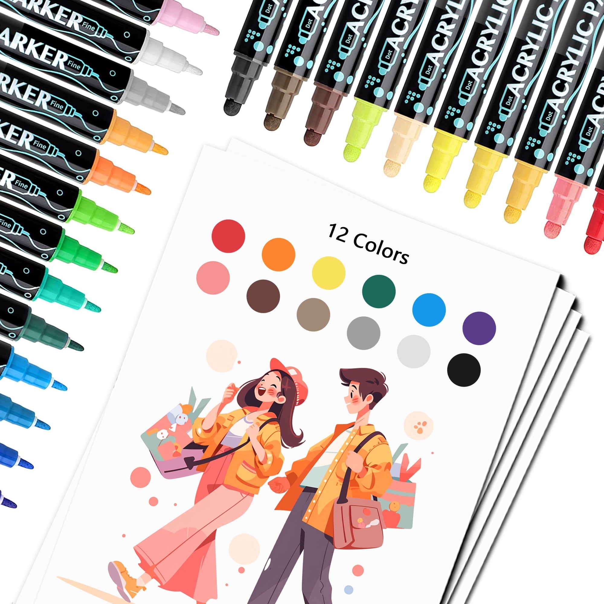 Acrylic Paint Pens, BUSATIA 12 Colors Dual Tip Paint Markers, Acrylic Paint Markers for Rock Painting, Wood, Canvas, Stone, Ceramic Surfaces, DIY Crafts Making Art Supplies-Round Tip and Fine Tip