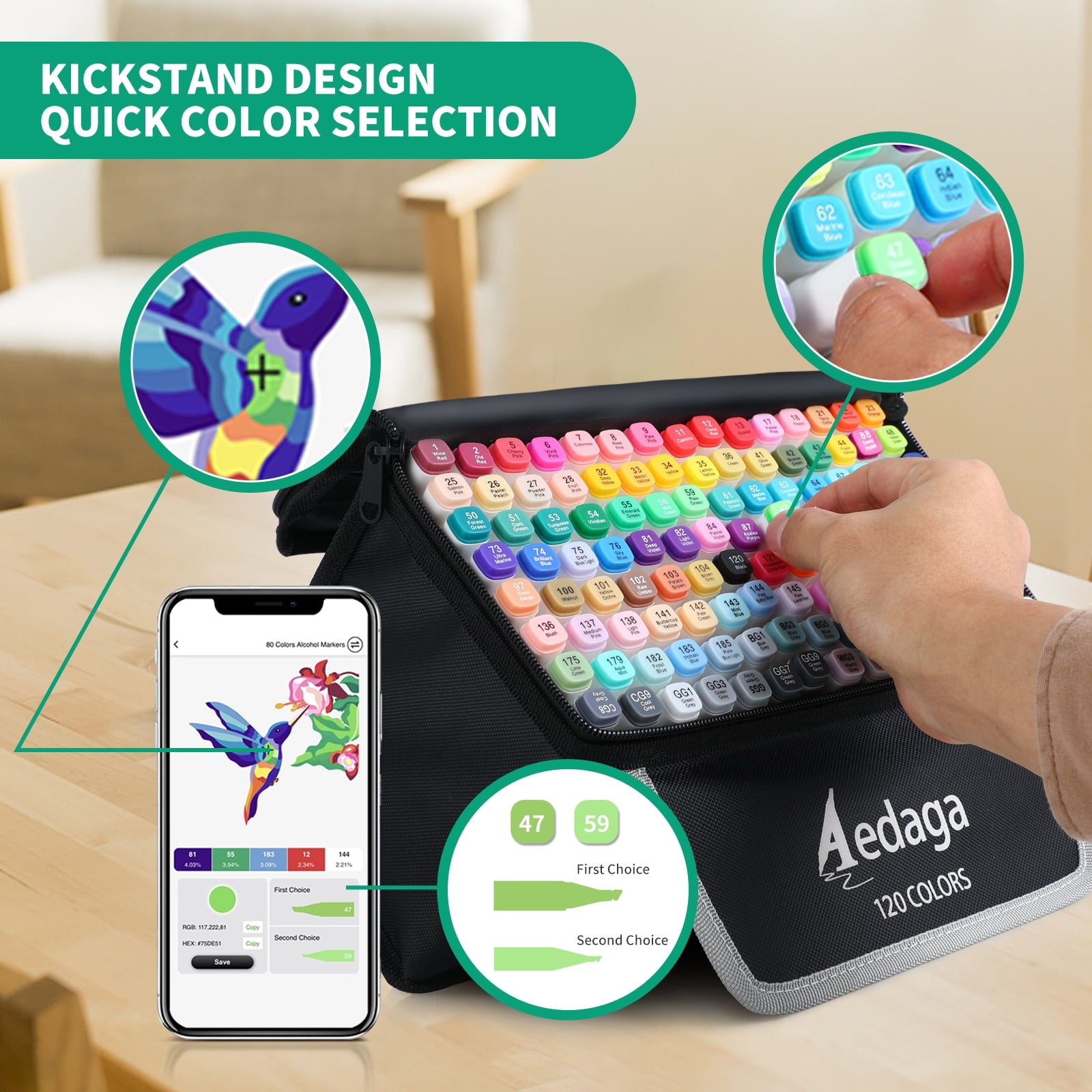 AEDAGA 120 Colors Alcohol Markers with Free App, Dual Tip Art Markers with Kickstand Case for Artists Adults and Kids. Alcohol Based Markers for Coloring Painting Sketching and Drawing, Great Gift.