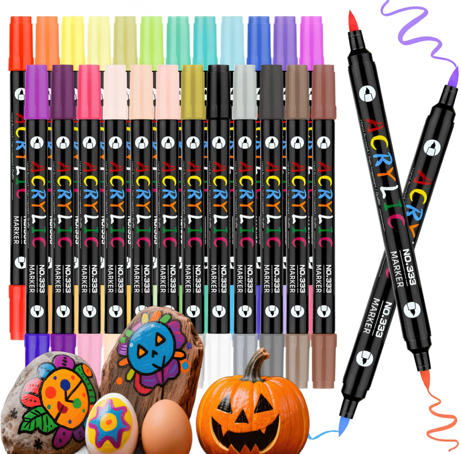 Acrylic Paint Markers,24 Pack 48 Colors Dual Tip Dual Color Acrylic Markers for Stone, Rock Painting, Paper, Pumpkin, Wood,Egg,Canvas,Ceramic,Fabric, leather,Glass,DIY Crafts,Acrylic Paint pens