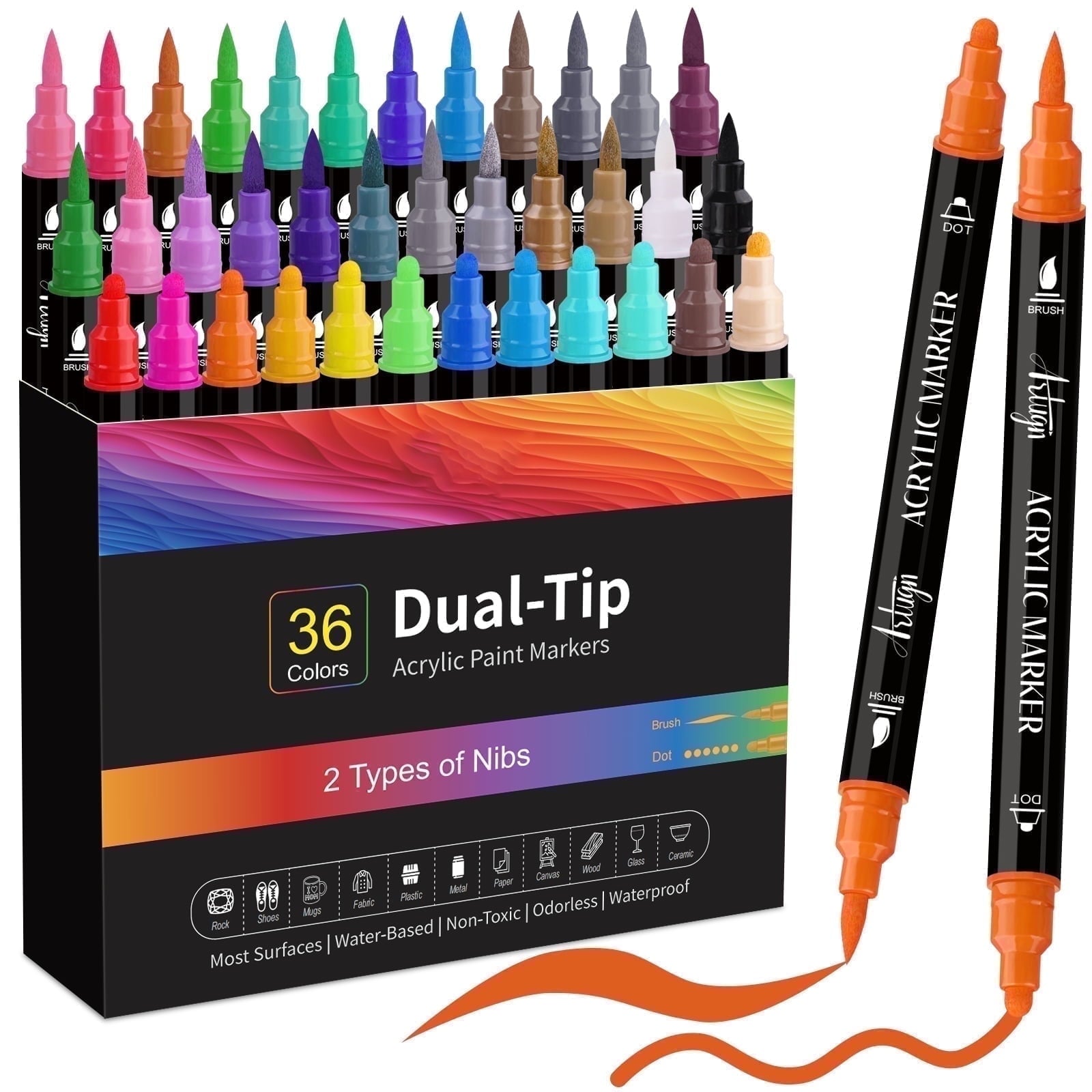 Acrylic Paint Pens, 36 Colors Dual Tip Brush Markers Pens with Medium Tip & Brush Tip for Rock Painting, Ceramic, Wood, Plastic, Calligraphy, Scrapbooking, Card Making, DIY Crafts