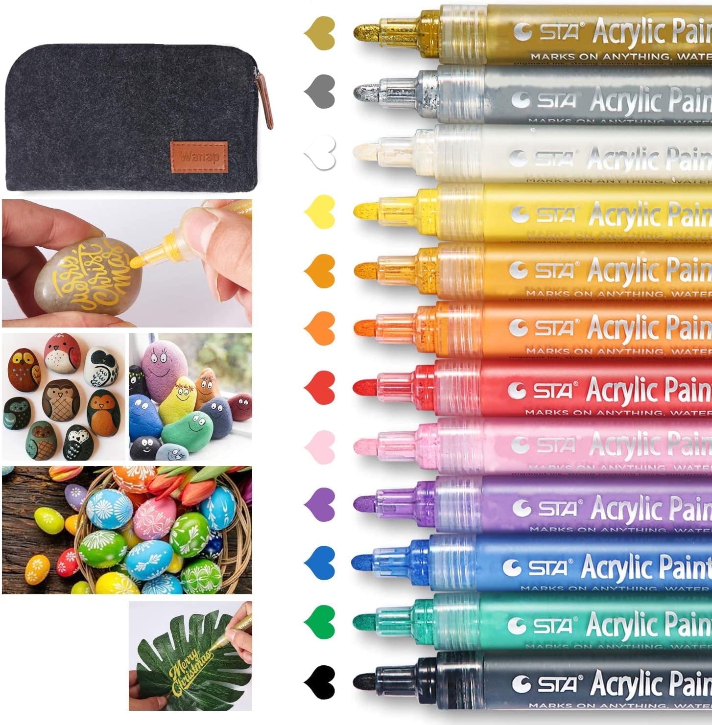 Acrylic Paint Pens Set, 12 Colors Acrylic Markers Kits for 2 to 3mm Painting, Quick Dry Acrylic Paint Markers for Rock Painting Wood Fabric Ceramic Porcelain Scrapbook, with Felt Pen Bag