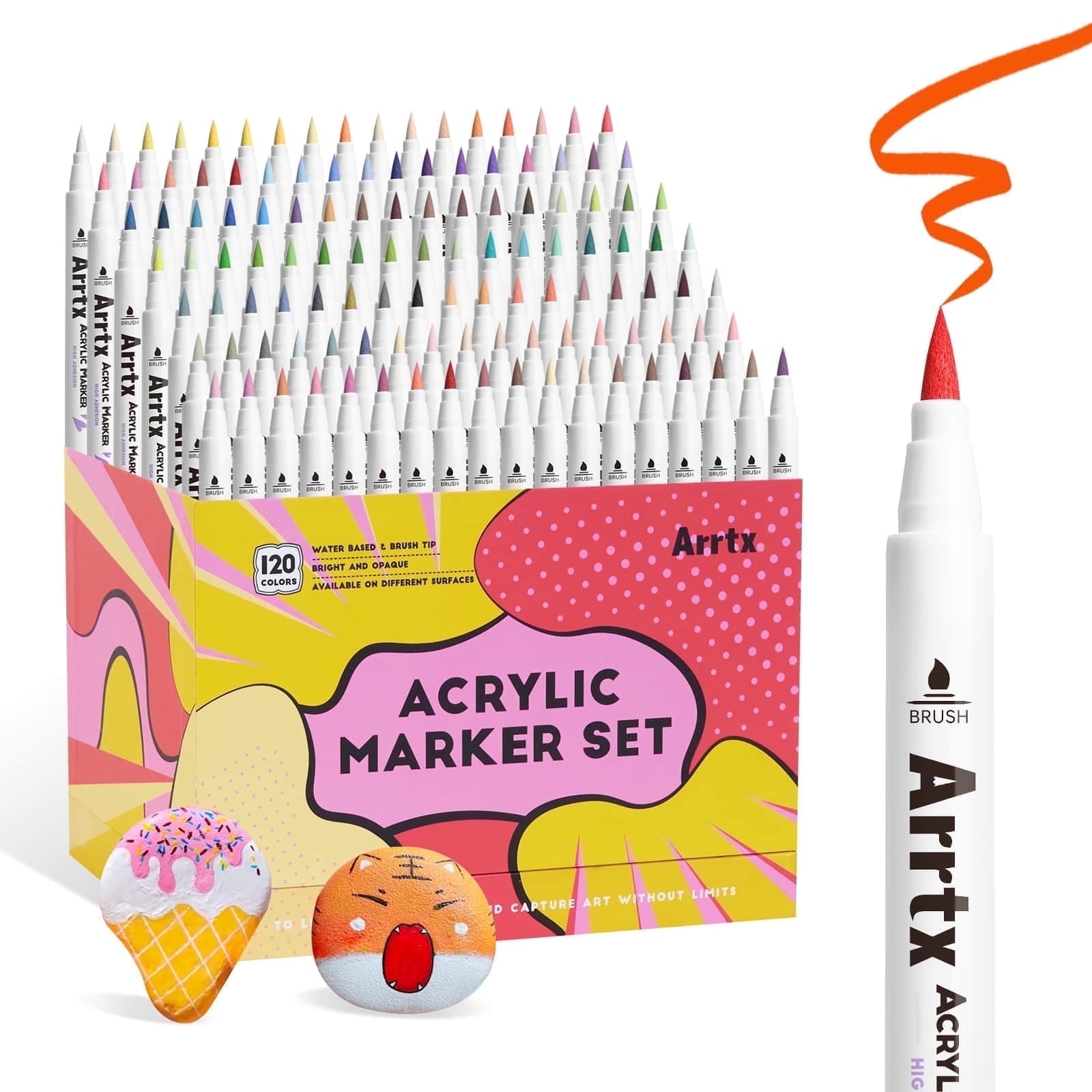 Arrtx 120 Anime Colors Acrylic Paint Markers, 1-6mm Brush Tip Water Based Acrylic Paint Pens for Drawing, Rock Painting