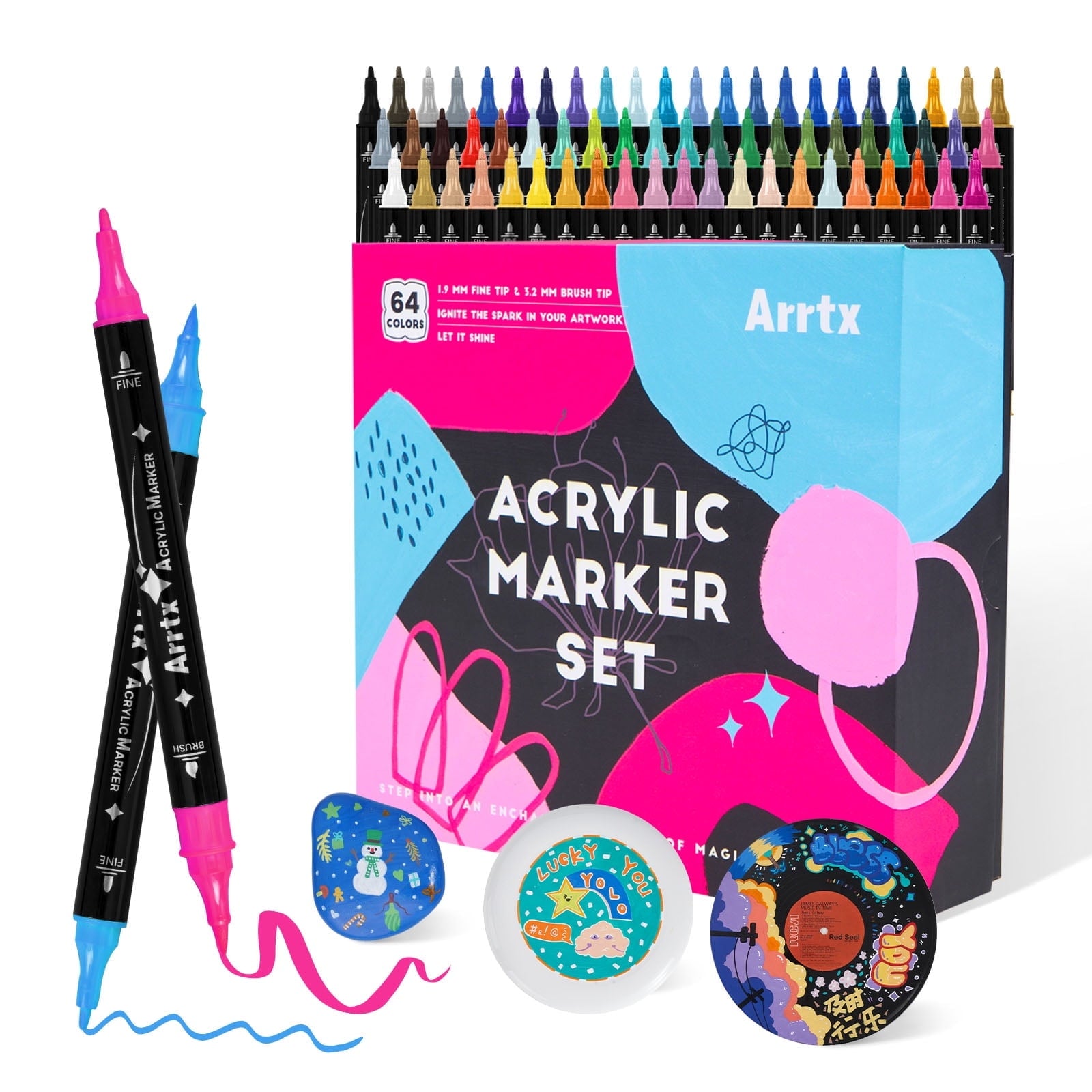 Arrtx Acrylic Paint Pens, 64 Colors Fine Tip and Brush Tip Markers, Water-based Acrylic Paint Markers for Rock Painting, Ceramic, Glass, Wood, Fabric, Canvas, DIY Craft, Art Supplies