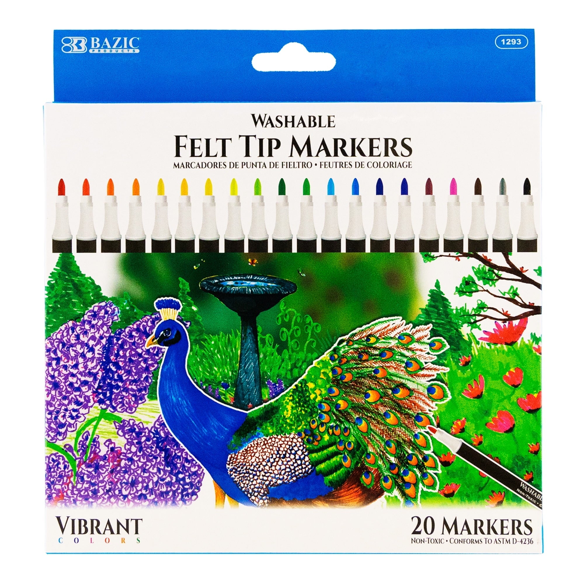 Bazic 1292 Felt Tip Washable Markers, Assorted Color - Set of 10