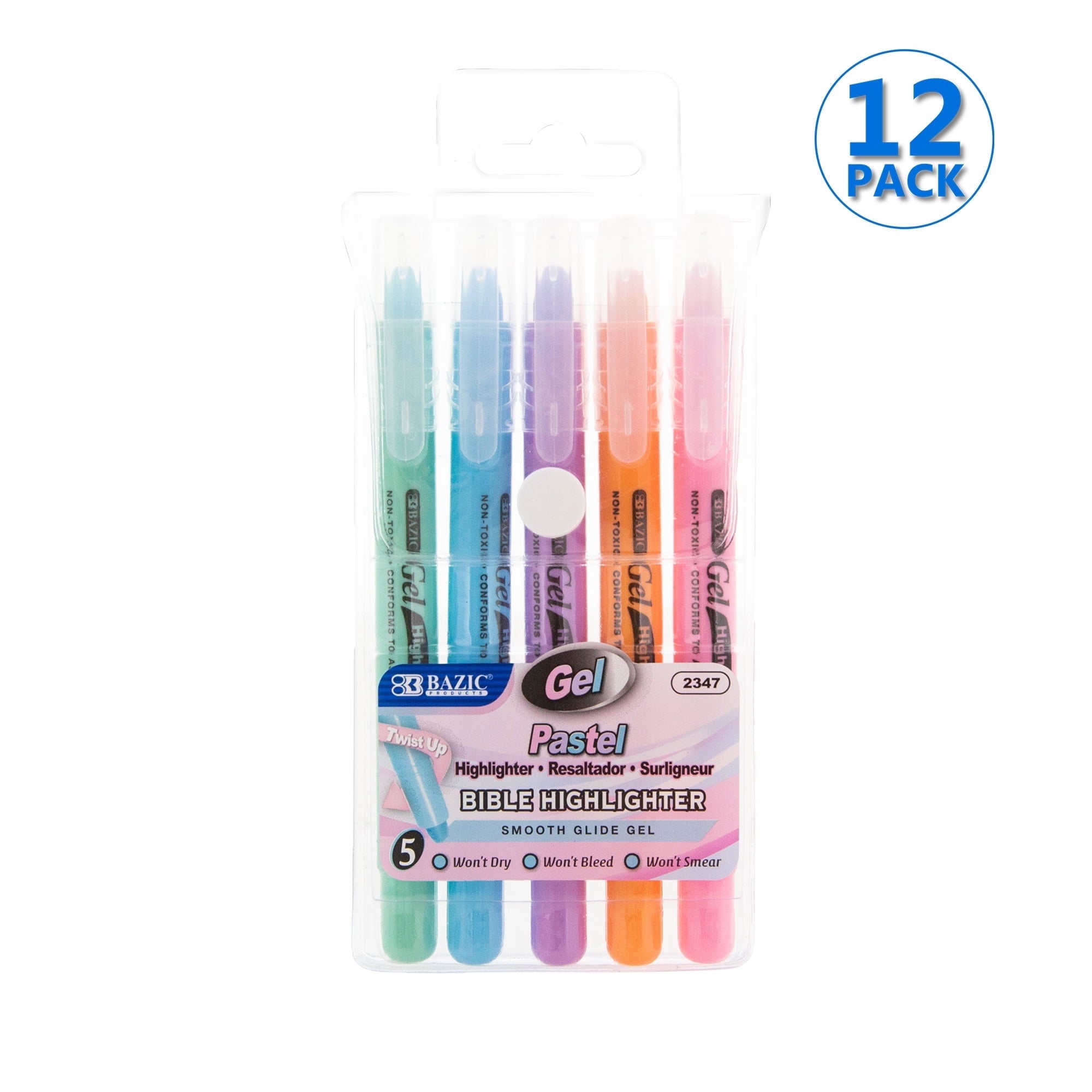 BAZIC Highlighter Gel Pen Bible Highlighter, No Bleed Pastel Highlighting Coloring Pen (5/Pack), 12-Packs