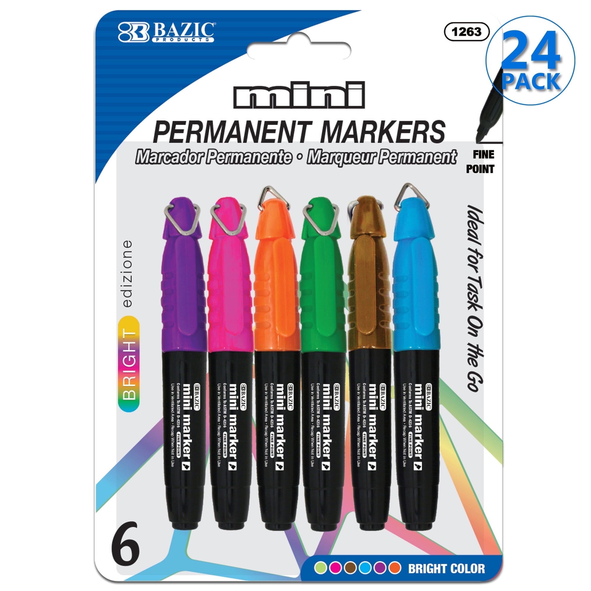 BAZIC Permanent Marker Fine Line, Mini Assorted Color Markers (5/Pack), 1-Pack