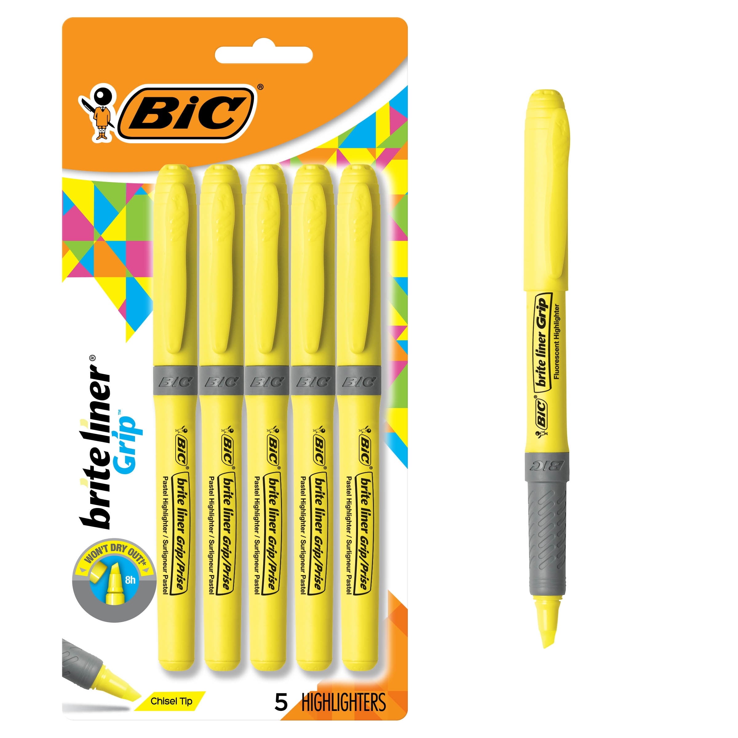 BIC Brite Liner Grip Yellow Highlighter, Chisel Tip, Yellow, Non-Toxic, 5-Pack