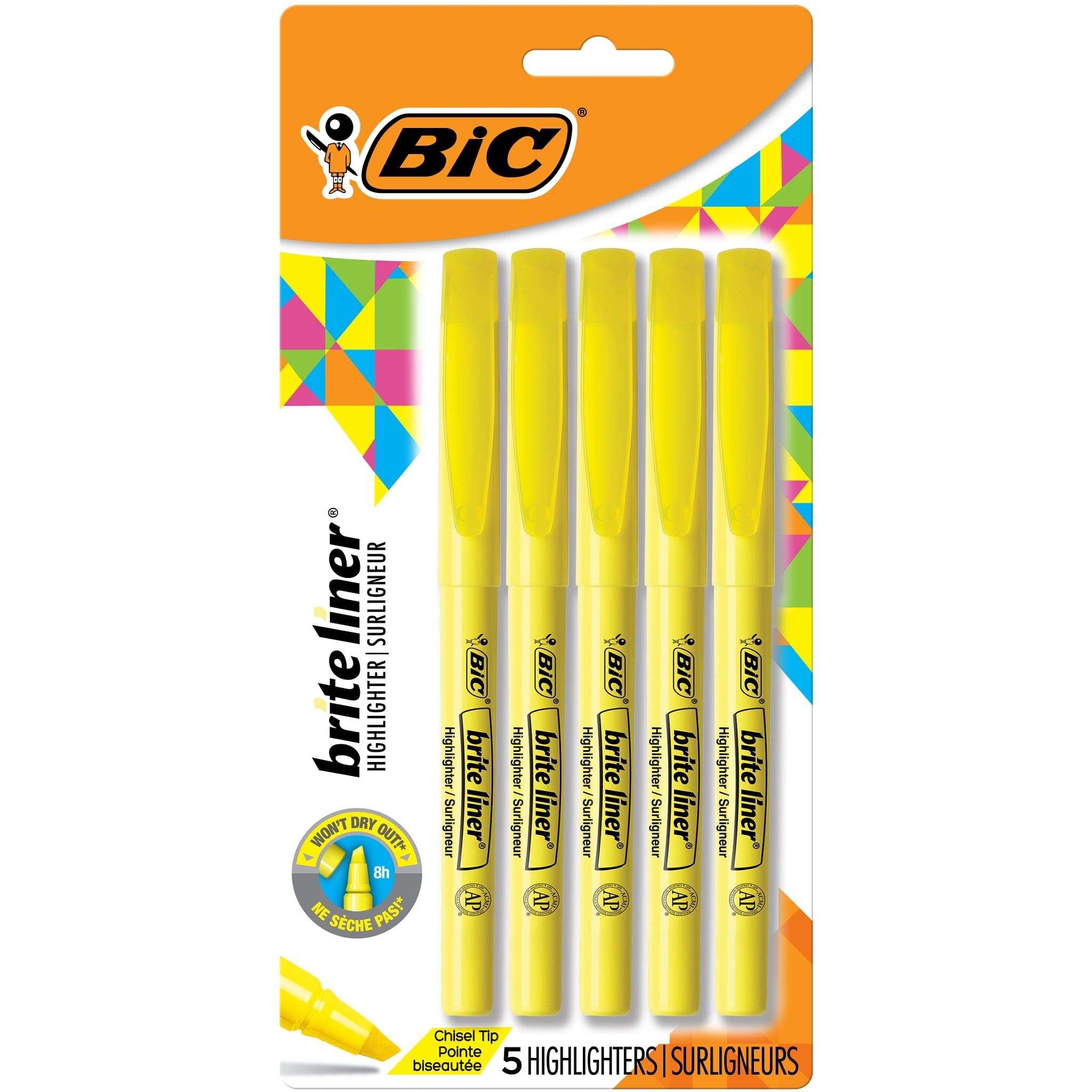BIC Brite Liner Highlighter, Chisel Tip Pocket Highlighters, Yellow Highlighter, 5 Count
