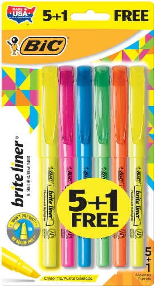 BIC Brite Liner Highlighters, Assorted Fluorescent Colors, 5 + 1 Pack of Highlighters
