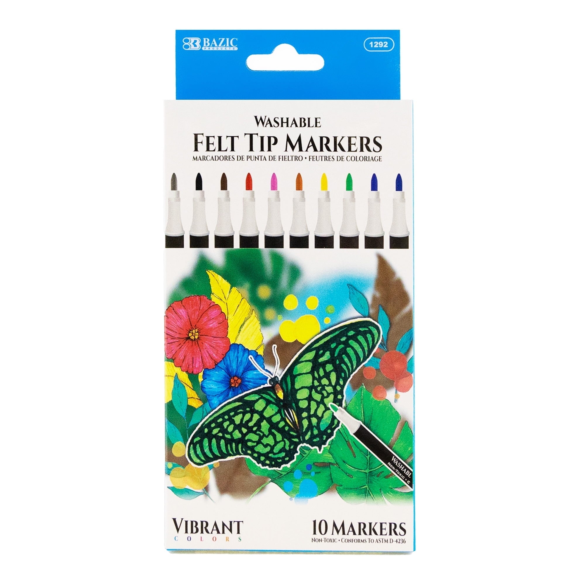 Bazic 1292 Felt Tip Washable Markers, Assorted Color - Set of 10
