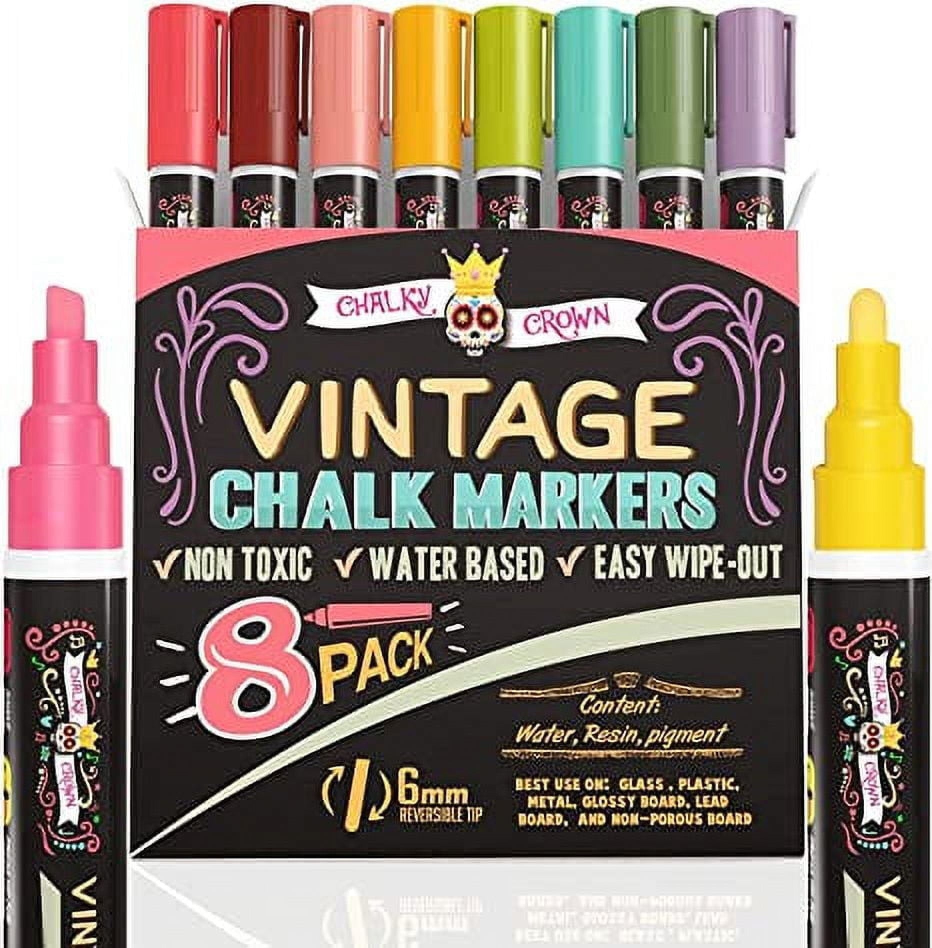 Chalky Crown - Liquid Chalk Markers  for Signs, Windows, Blackboard, Glass - Reversible Tip (8 Pack, 6mm)