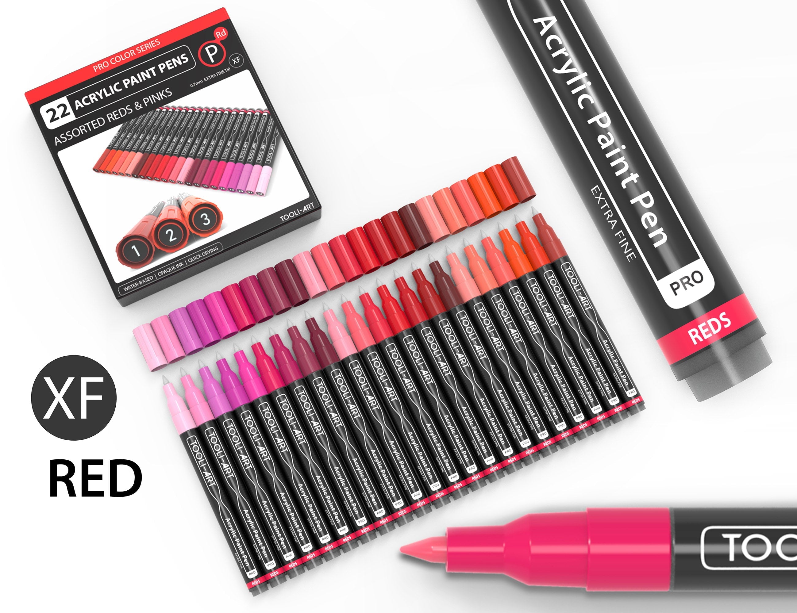 Acrylic Paint Pens 22 Assorted Red And Pink Pro Color Series Specialty Markers Set (0.7mm EXTRA FINE)
