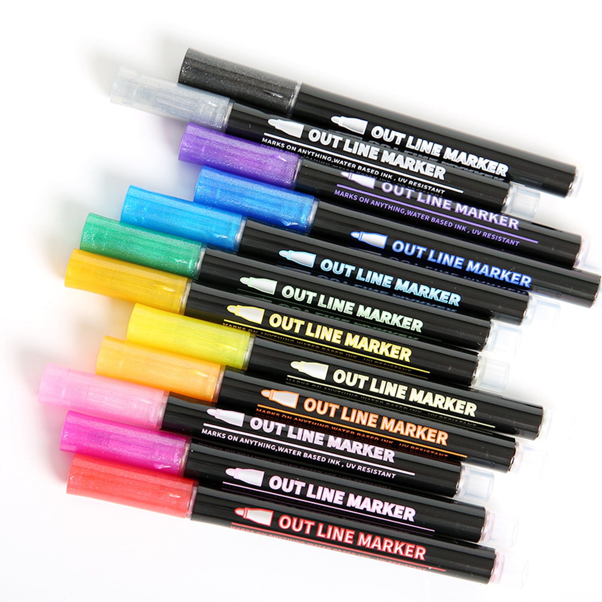 12 Colors Shimmer Outline Markers, Double Line Metallic Pen Set Sparkle Self-Outline Doodle Marker Acrylic Marker Pen