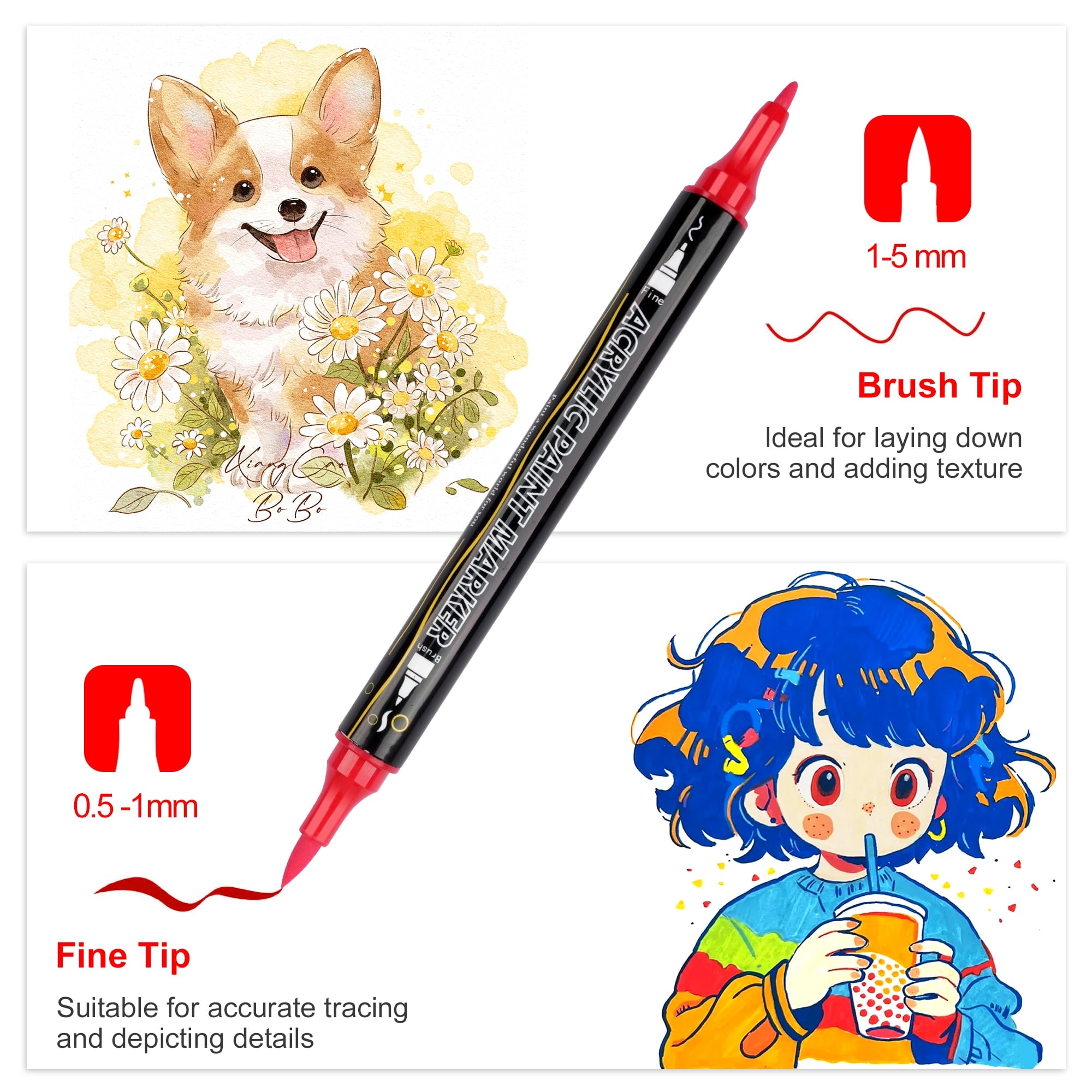 BUSATIA 48 Colors Paint Markers Acrylic Paint Pens, Dual Tip with Brush Tip and Fine Tip, Art Supplies for Rock Painting, Wood, Canvas, Stone, Glass, DIY Crafts Making Drawing Kit with Bag