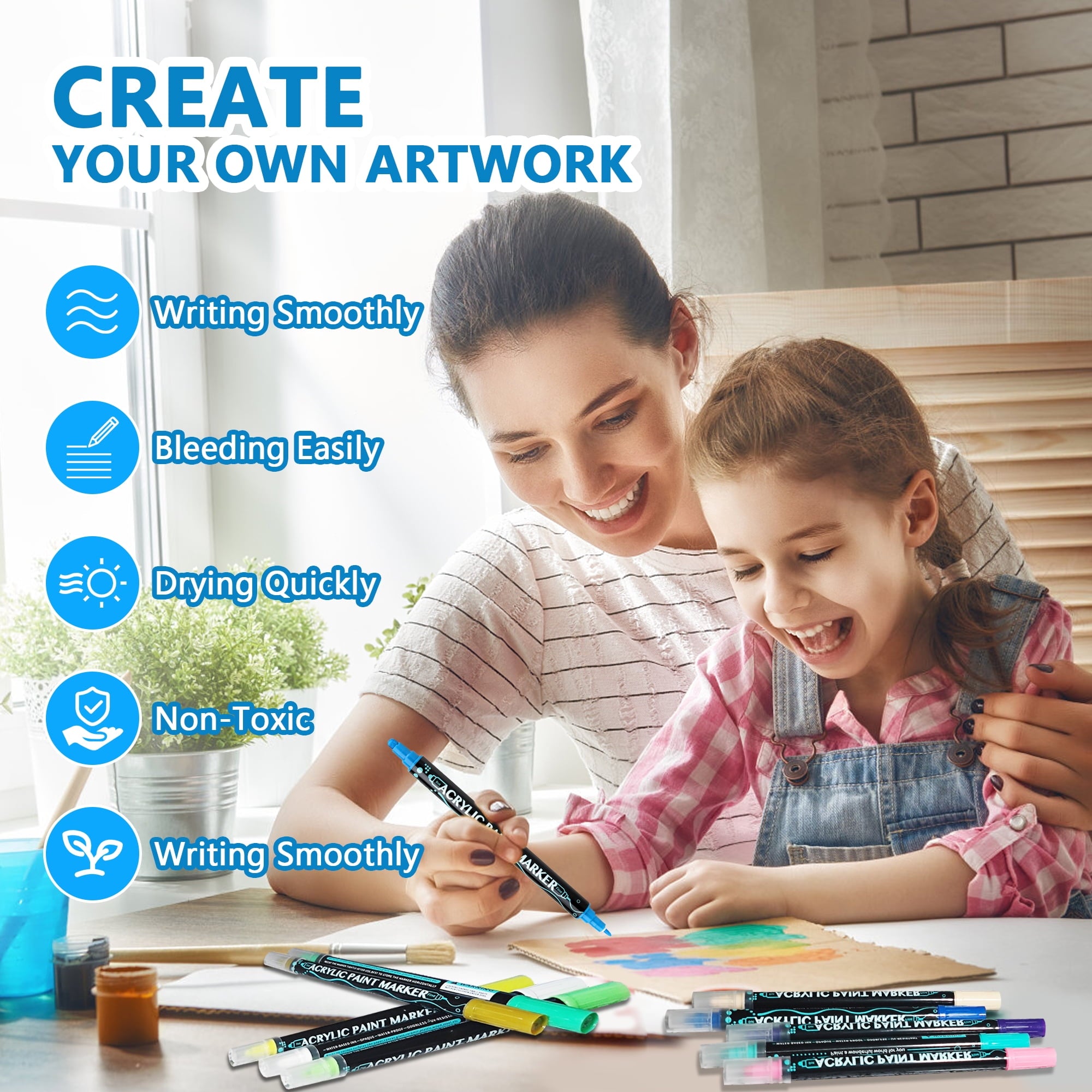 Acrylic Paint Pens, BUSATIA 12 Colors Dual Tip Paint Markers, Acrylic Paint Markers for Rock Painting, Wood, Canvas, Stone, Ceramic Surfaces, DIY Crafts Making Art Supplies-Round Tip and Fine Tip