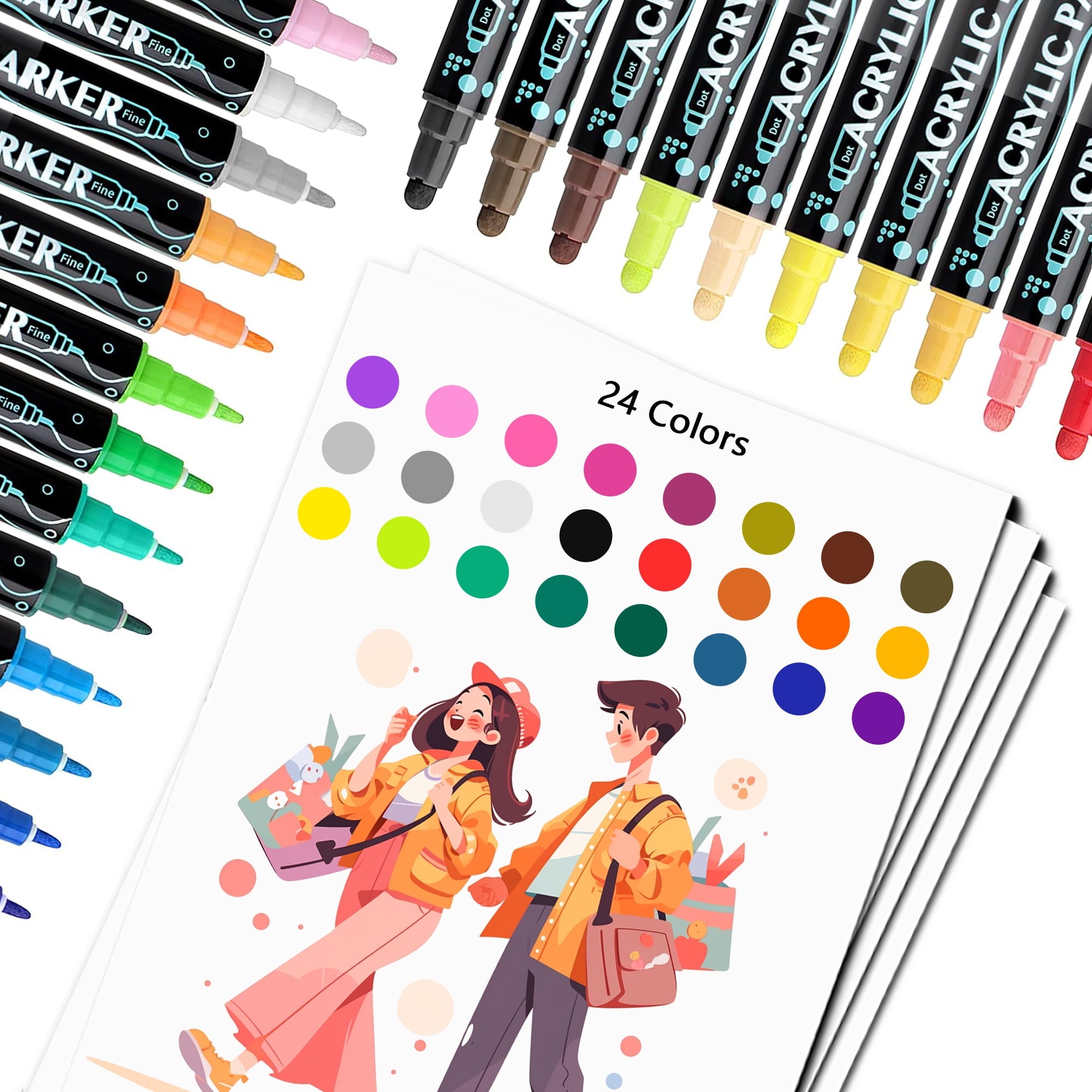 Acrylic Paint Markers, 24 Colors Dual Tip Acrylic Paint Pens for Wood, Canvas, Stone, Rock Painting, Glass, Ceramic Surfaces, DIY Crafts Making, 24 Dual Tip Acrylic Markers
