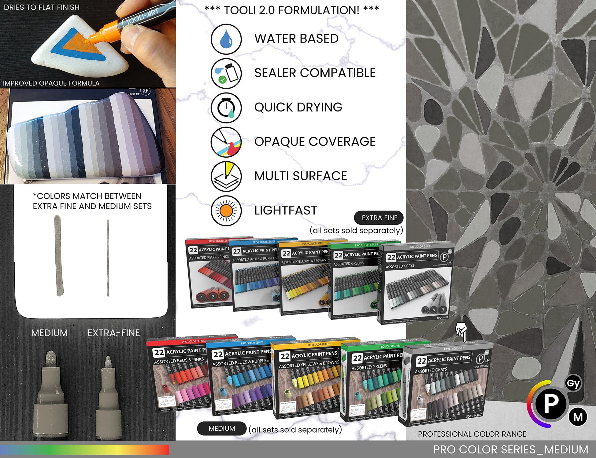 22 Acrylic Paint Pens (GRAYS) Pro Color Series Set 3mm Medium