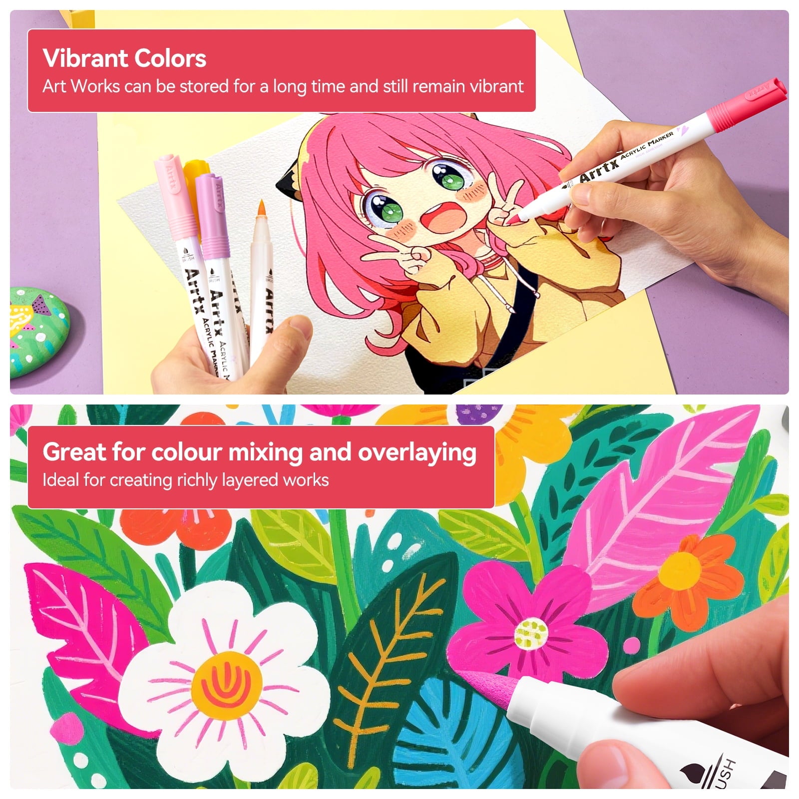 Arrtx 120 Anime Colors Acrylic Paint Markers, 1-6mm Brush Tip Water Based Acrylic Paint Pens for Drawing, Rock Painting