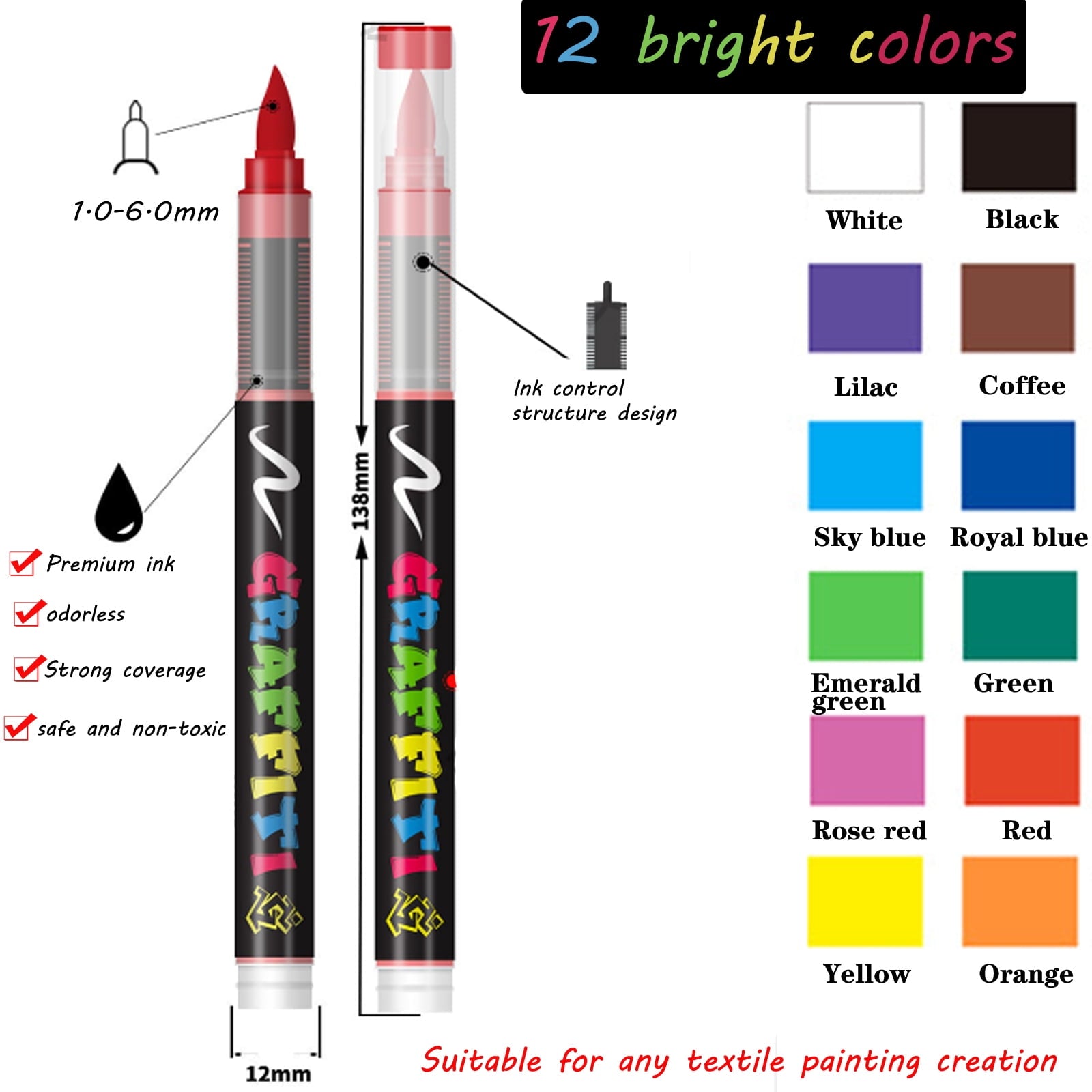 Ceramic Pen  12 Color Permanent Markers Waterproof (1.0-6.0mm) Acrylic Pens Suitable for Glass Ceramic Canvas Stone Metal Easter Eggs