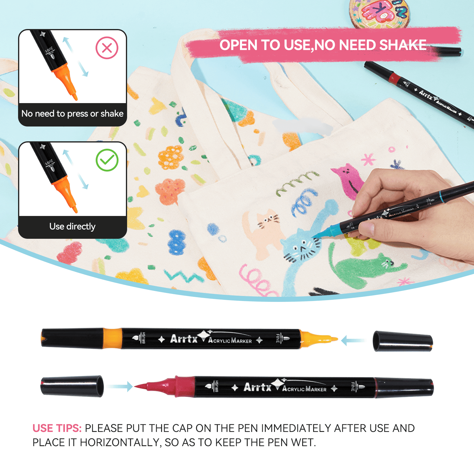 Arrtx Acrylic Paint Pens, 64 Colors Fine Tip and Brush Tip Markers, Water-based Acrylic Paint Markers for Rock Painting, Ceramic, Glass, Wood, Fabric, Canvas, DIY Craft, Art Supplies