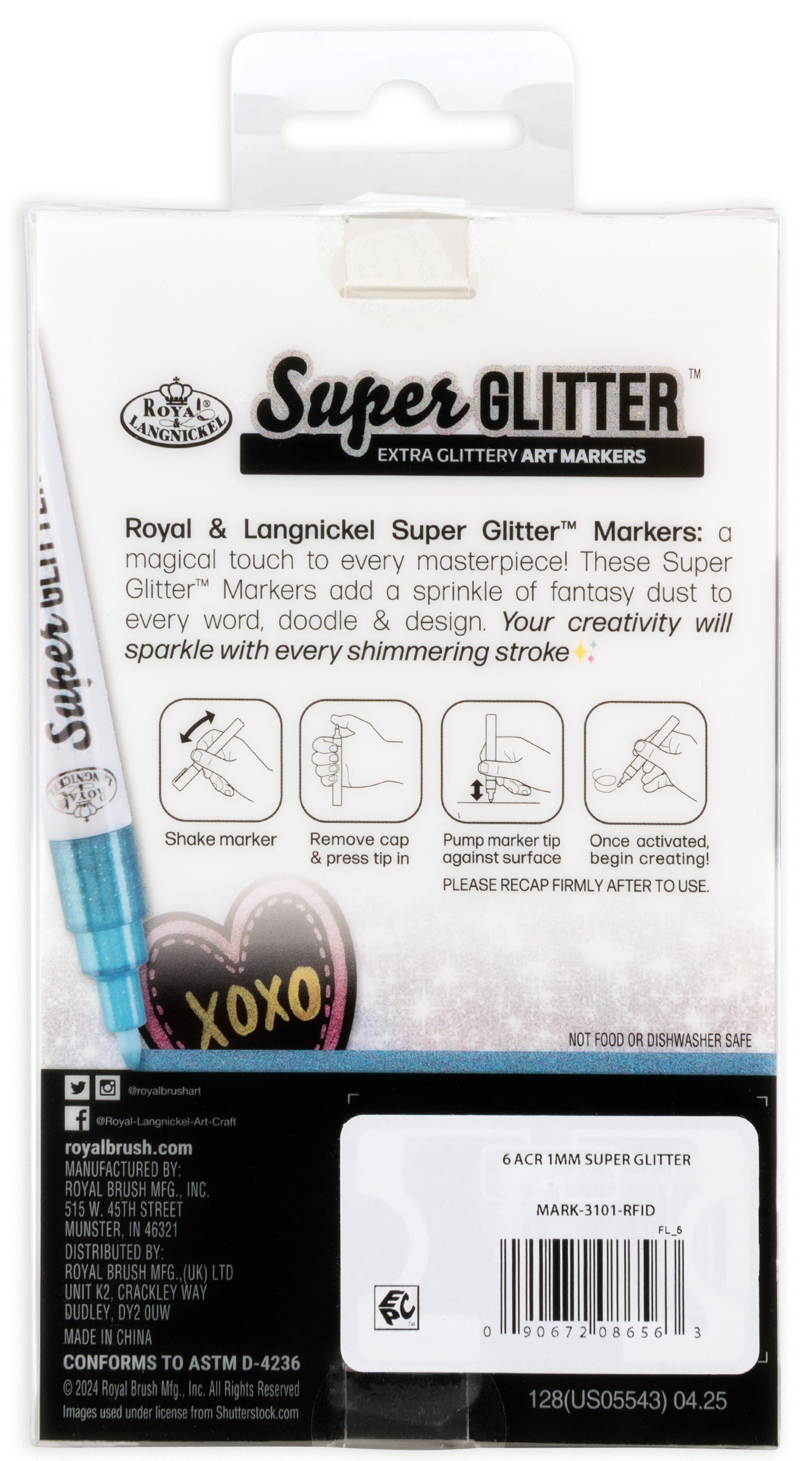 Royal & Langnickel -  6pc 1MM Super Glitter Marker Set, Primary Colors
