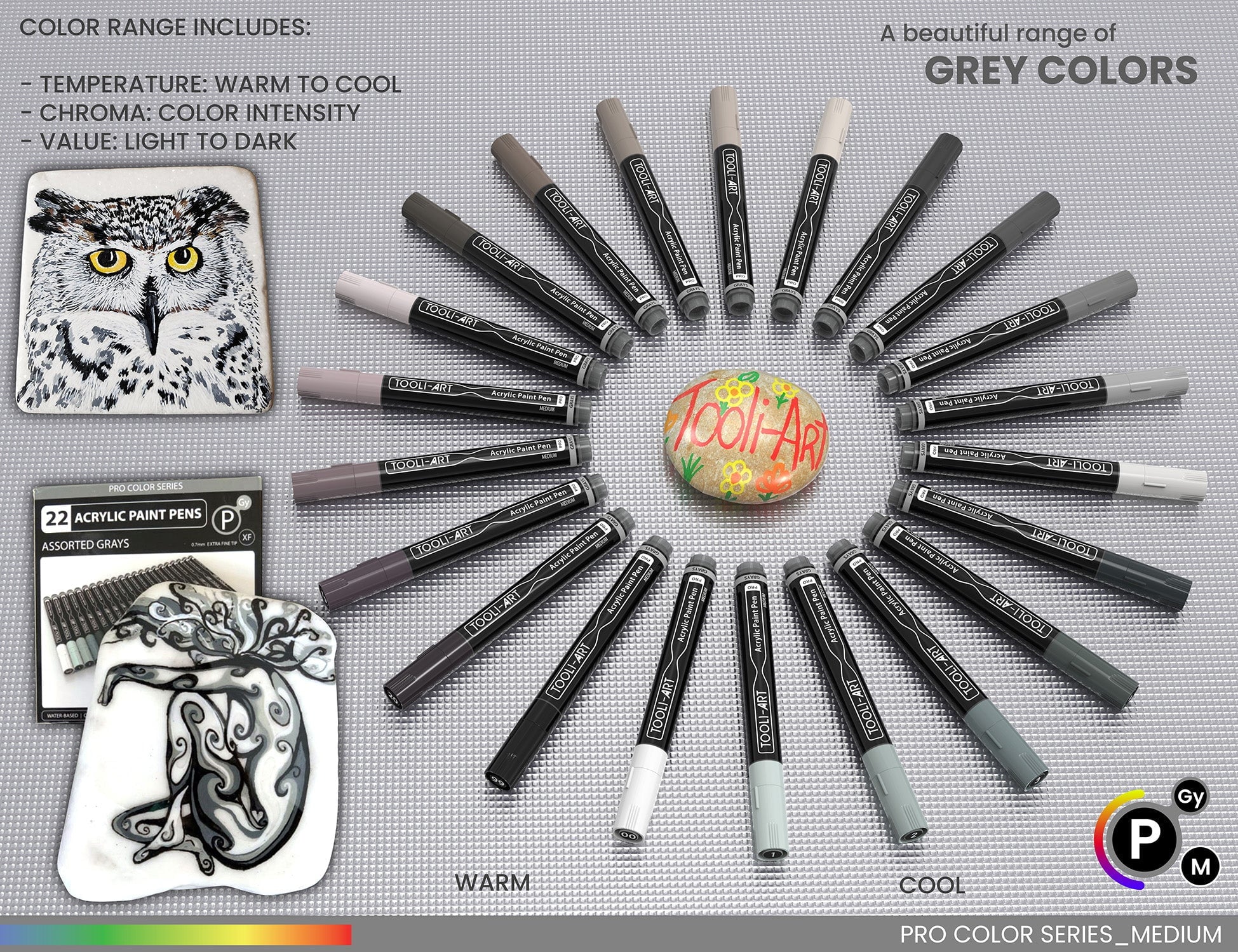 22 Acrylic Paint Pens (GRAYS) Pro Color Series Set 3mm Medium