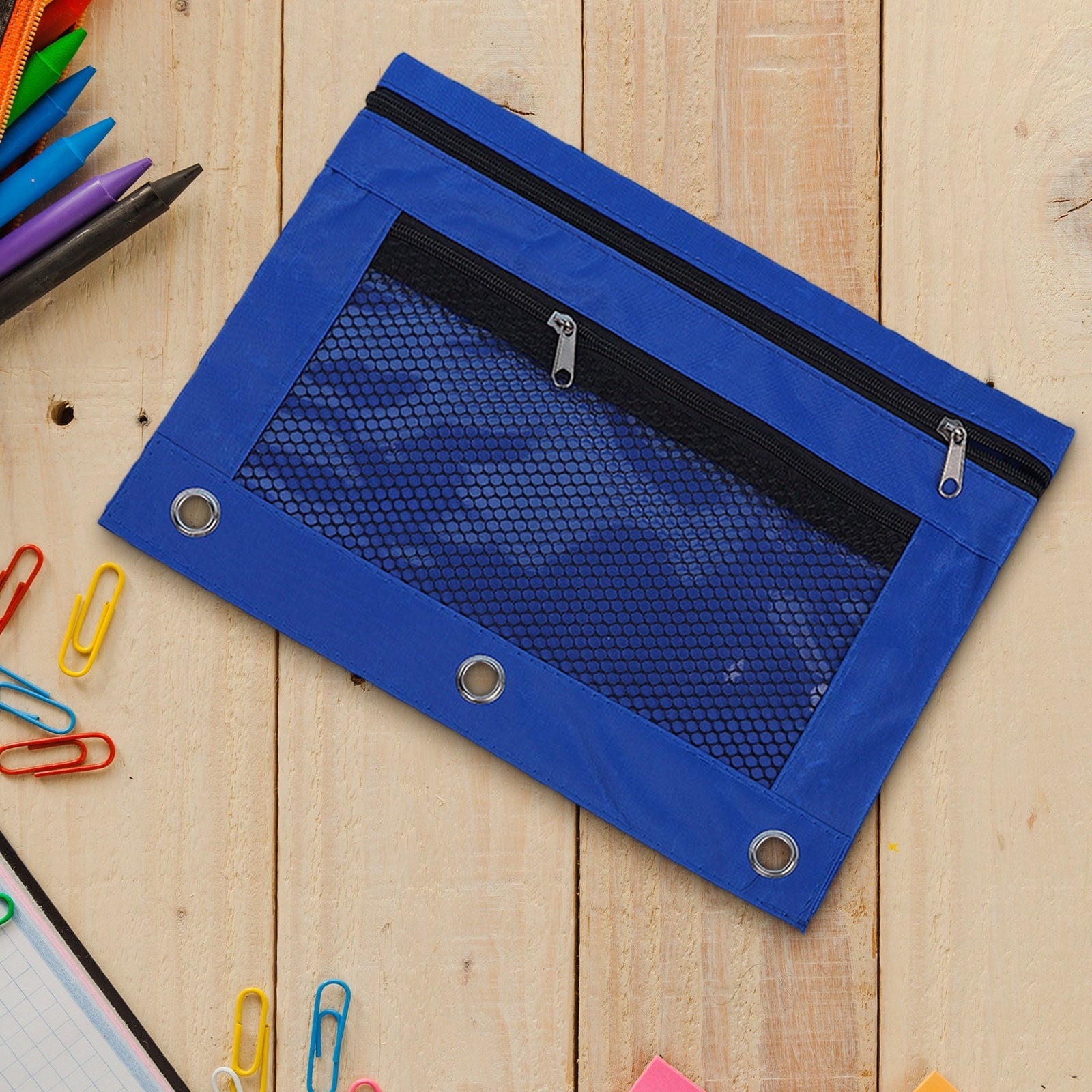 3-Ring Binder Zipper Pouch: Dual-Compartment Clear Window Pencil Case for Pens Cosmetics - 10" x 7.5" Office Travel Organizer(Blue)