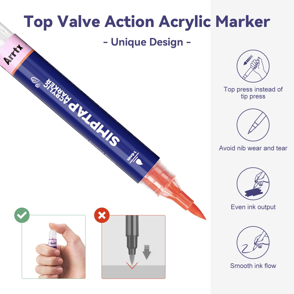 SIMPTAP Top Valve Action Markers, Set of 24 Colors Acrylic Paint Pens Art Supplies for Adults