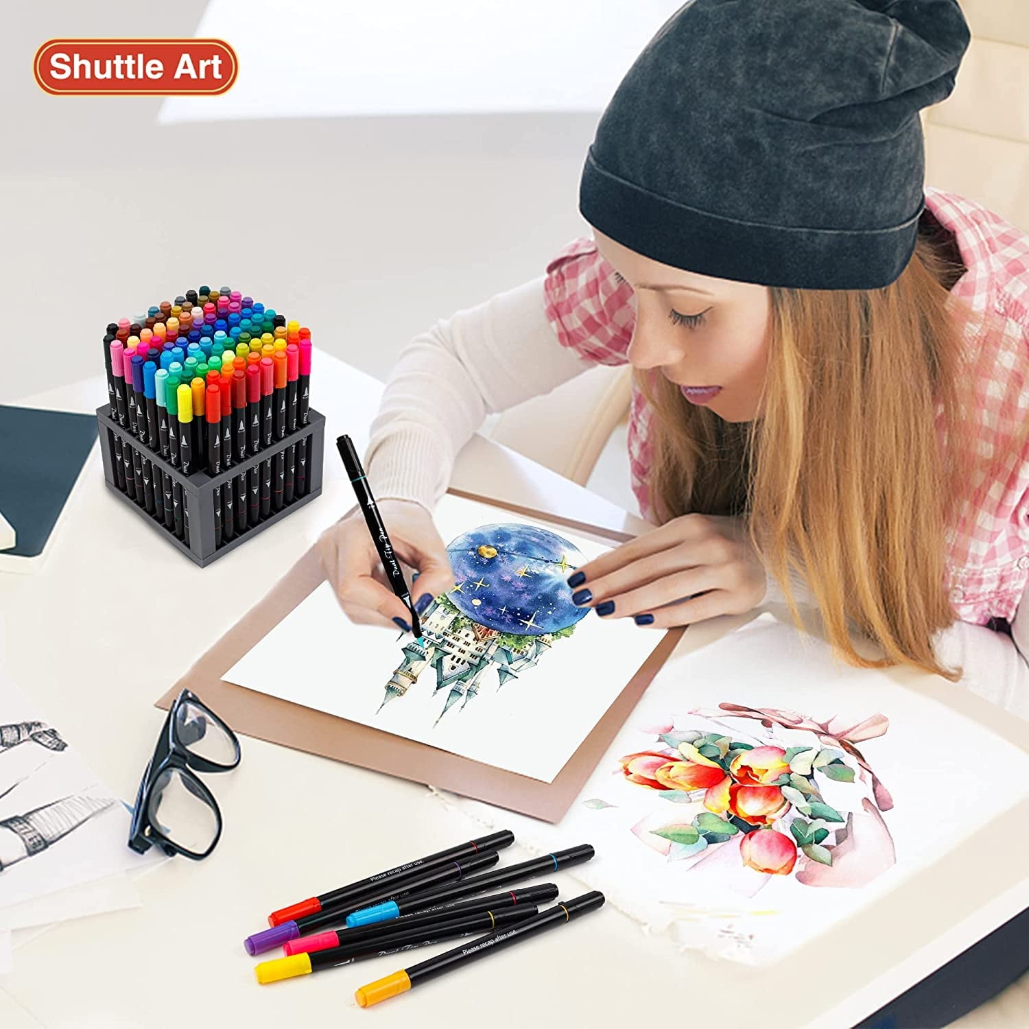 Dual Tip Brush Pens Art Markers, Shuttle Art 96 Colors Fine and Brush Dual Tip Markers Set with Pen Holder and 1 Coloring Book for Adult Artist Coloring