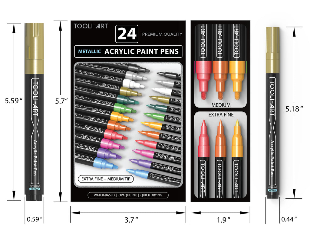 Tooli-Art Metallic Acrylic Paint Pens Marker Set for Rocks, Glass, Mugs, and Most Surfaces with 0.7mm Extra Fine And 3.0mm Medium Tip Combo Marker Set of 24