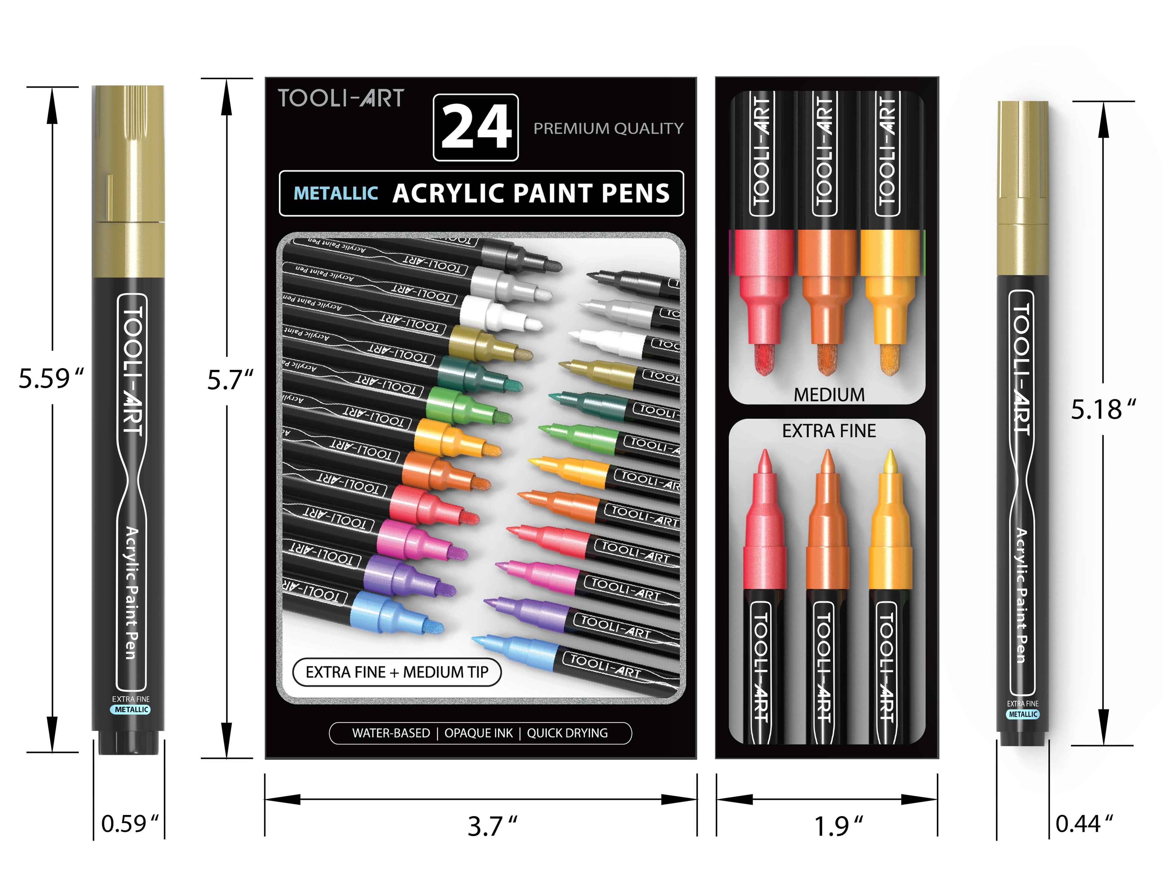 Tooli-Art Metallic Acrylic Paint Pens Marker Set for Rocks, Glass, Mugs, and Most Surfaces with 0.7mm Extra Fine And 3.0mm Medium Tip Combo Marker Set of 24