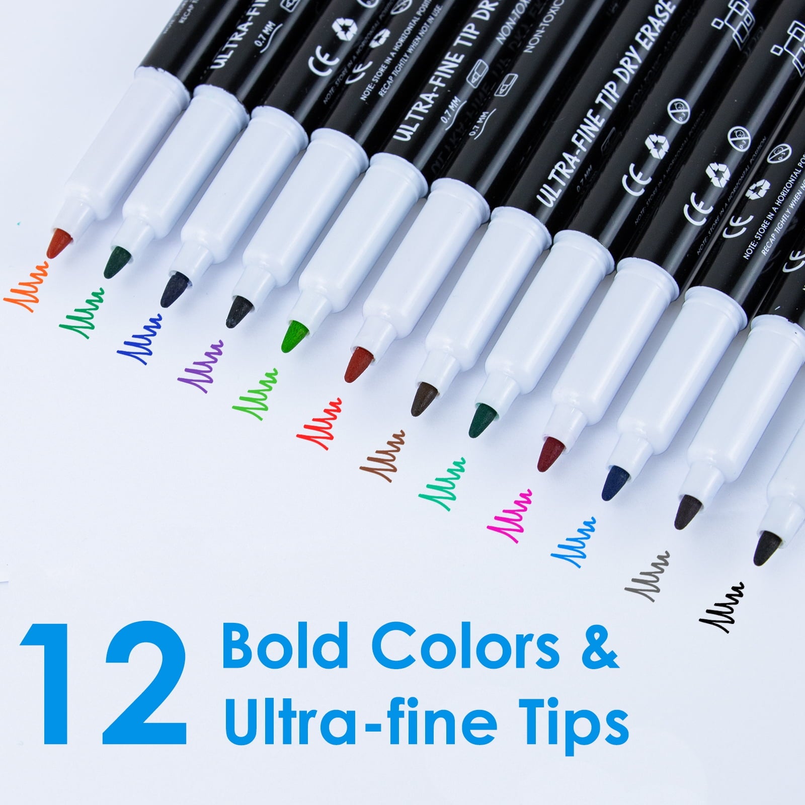 Maxtek Dry Erase Markers,0.7mm Ultra Fine Tip,Low Odor, 12 Count Assorted Colors Whiteboard Markers for Office