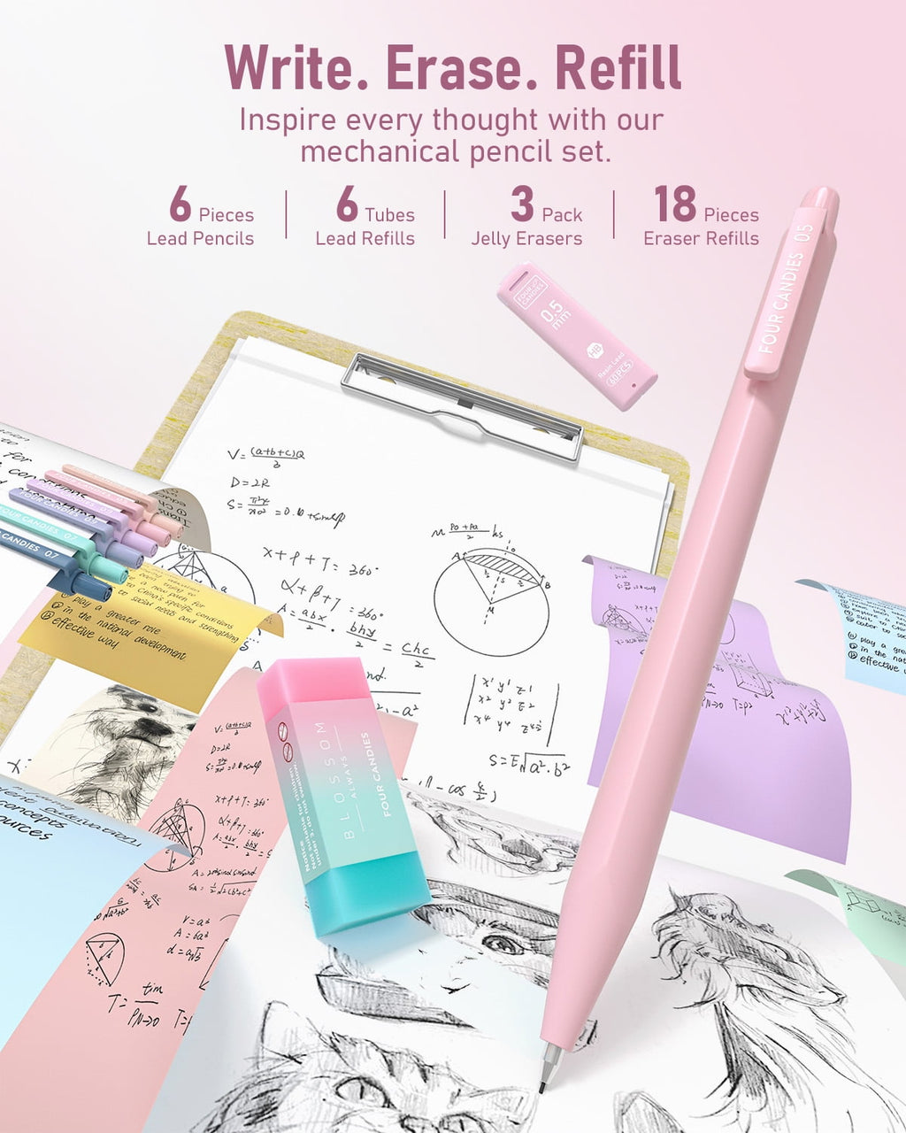 Four Candies 39 PCS Aesthetic Supplies with Cute Pen Case, 12 Pastel Highlighters, 5 Black Ink Gel Pens, 6 Mechanical Pencils Set 0.5 & 0.7 mm for Stationary College Essentials (Pink)