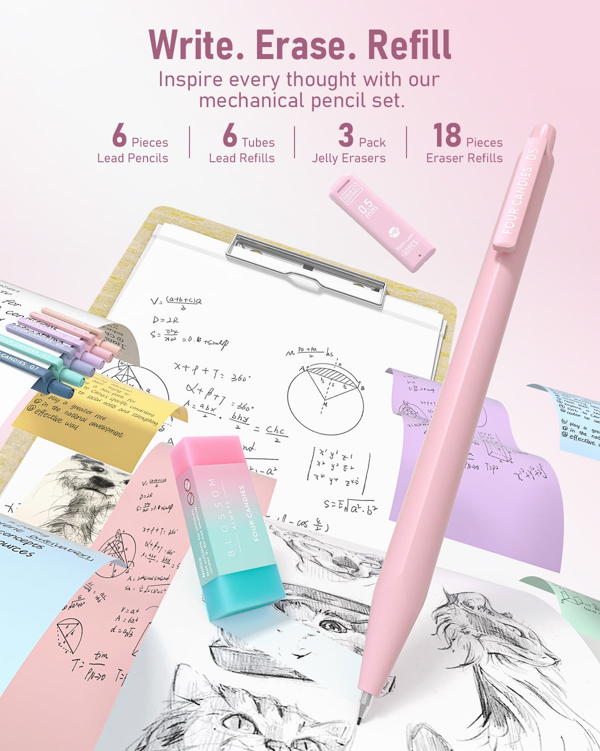 Four Candies 39 PCS Aesthetic Supplies with Cute Pen Case, 12 Pastel Highlighters, 5 Black Ink Gel Pens, 6 Mechanical Pencils Set 0.5 & 0.7 mm for Stationary College Essentials (Pink)