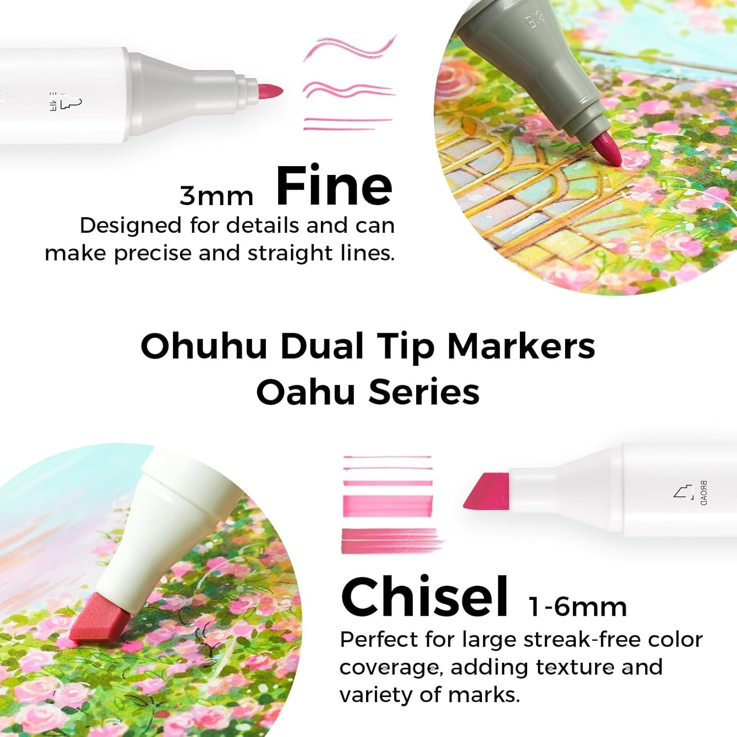 Ohuhu 48 Pastel Colors Chisel & Fine Dual Tips Alcohol Markers - Oahu - Refillable Ink