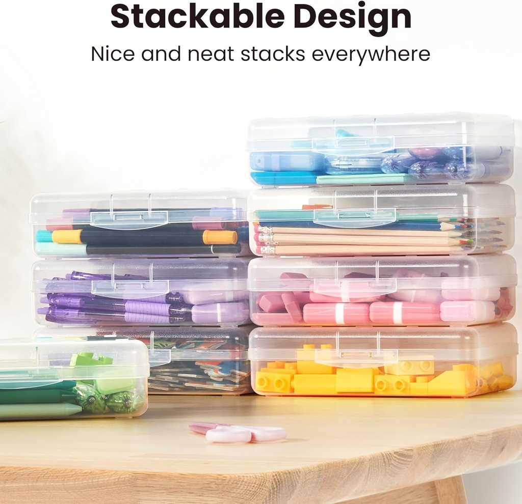 Meitianfacai 1PC Pencil Case, Large Capacity Hard Pencil Box, Clear Crayon Box Marker Pen Organizer, Plastic Storage Container with Snap Lid, Stackable Art Supply Bead Craft Organizer（Clear）