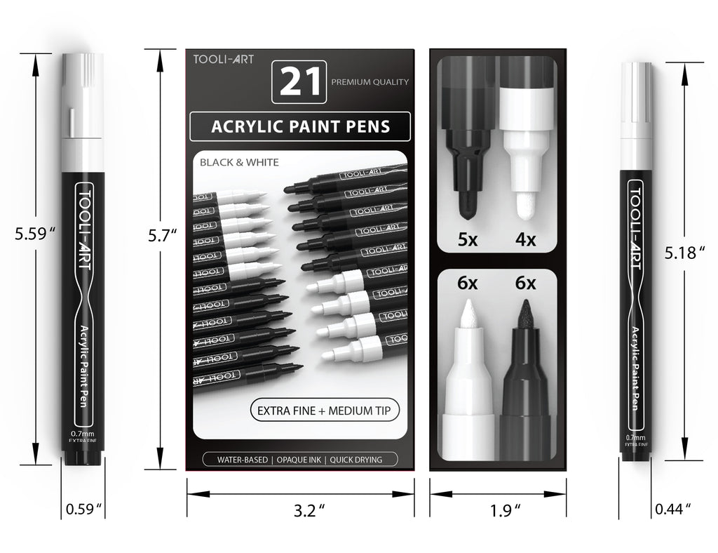 TOOLI-ART Black and White Acrylic Paint Pens with 0.7mm  and 3.0mm tip Markers Set of 21