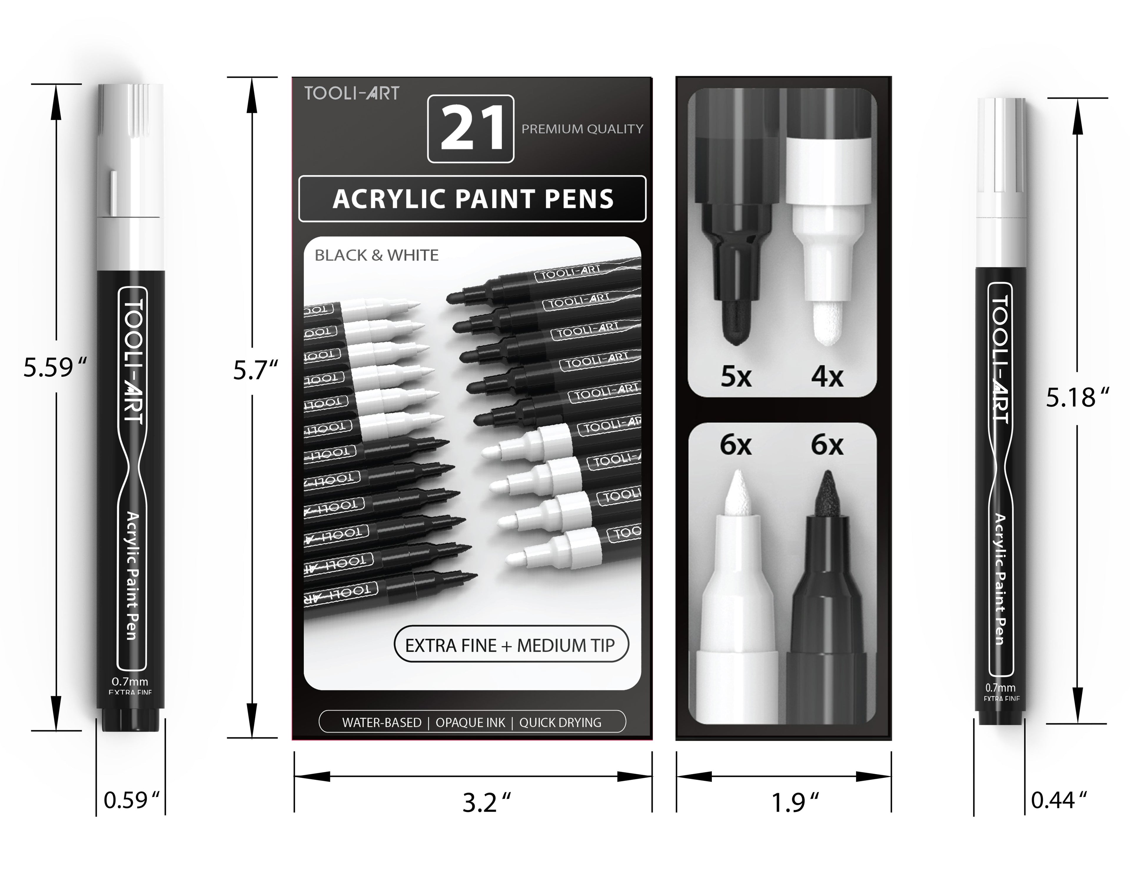 TOOLI-ART Black and White Acrylic Paint Pens with 0.7mm  and 3.0mm tip Markers Set of 21