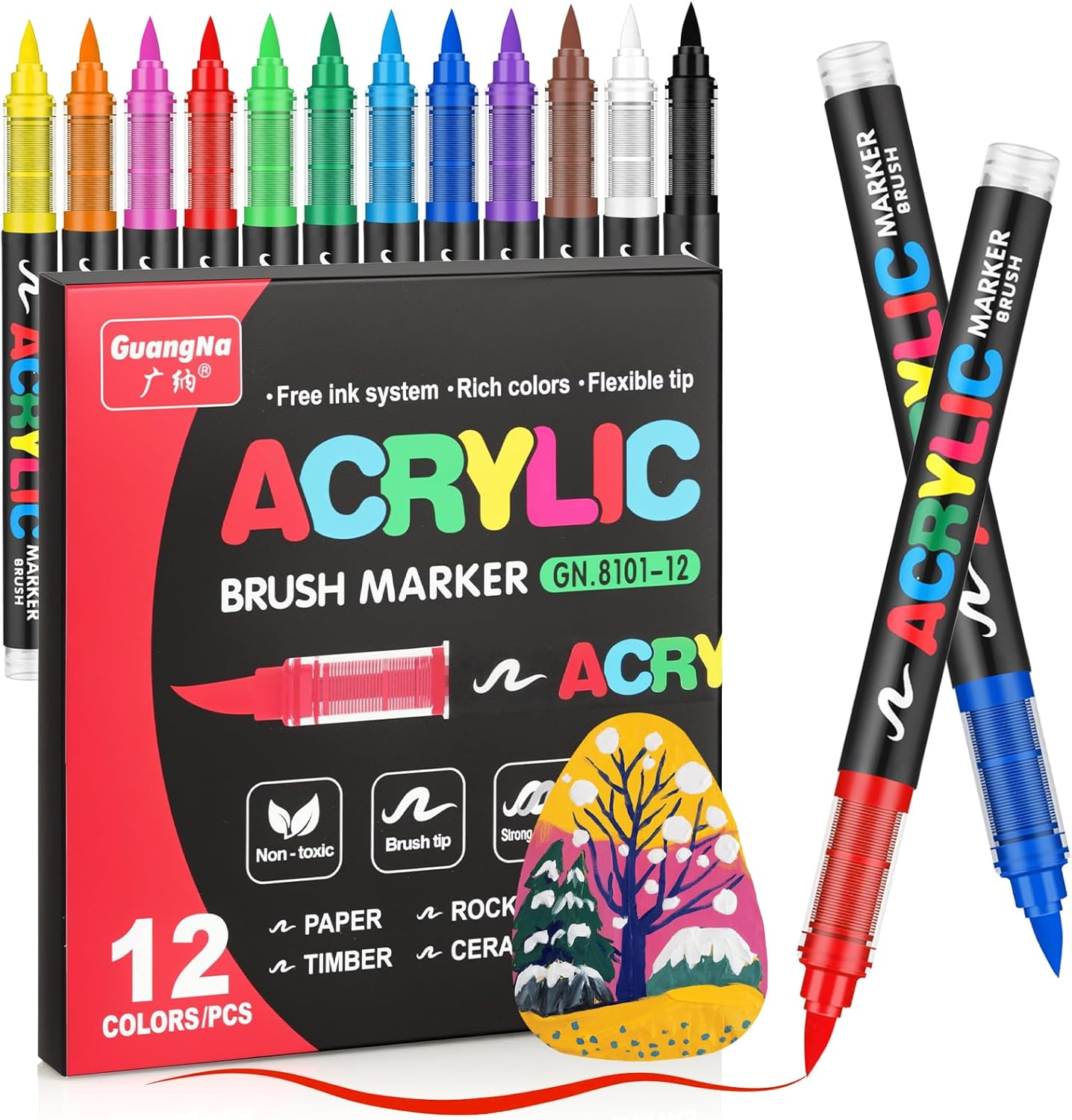24 Colors Acrylic Paint Markers,Direct Liquid Soft Brush Tip Paint Pens and Paint Markers,Acrylic Paint Pens for Wood,Stone,Canvas,Glass,Fabric,Egg,Rock Painting and DIY Crafts Art Supplies