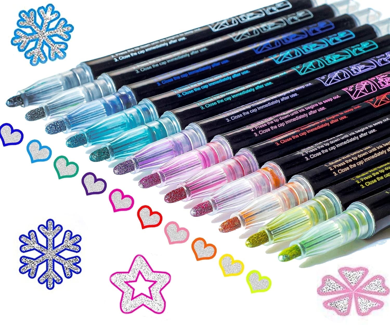 12 Colors Shimmer Outline Markers, Double Line Metallic Pen Set Sparkle Self-Outline Doodle Marker Acrylic Marker Pen