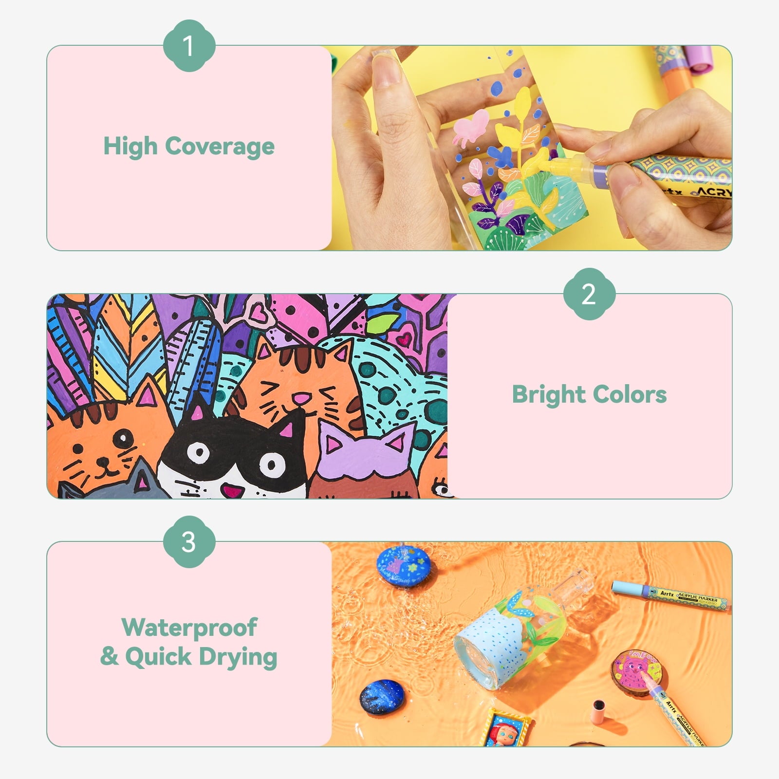 Arrtx Acrylic Paint Pens, 36 Colors 3mm Medium Point Water-Based Ink Large Refill Acrylic Markers for Rock Painting, DIY Craft, Glass, Wood